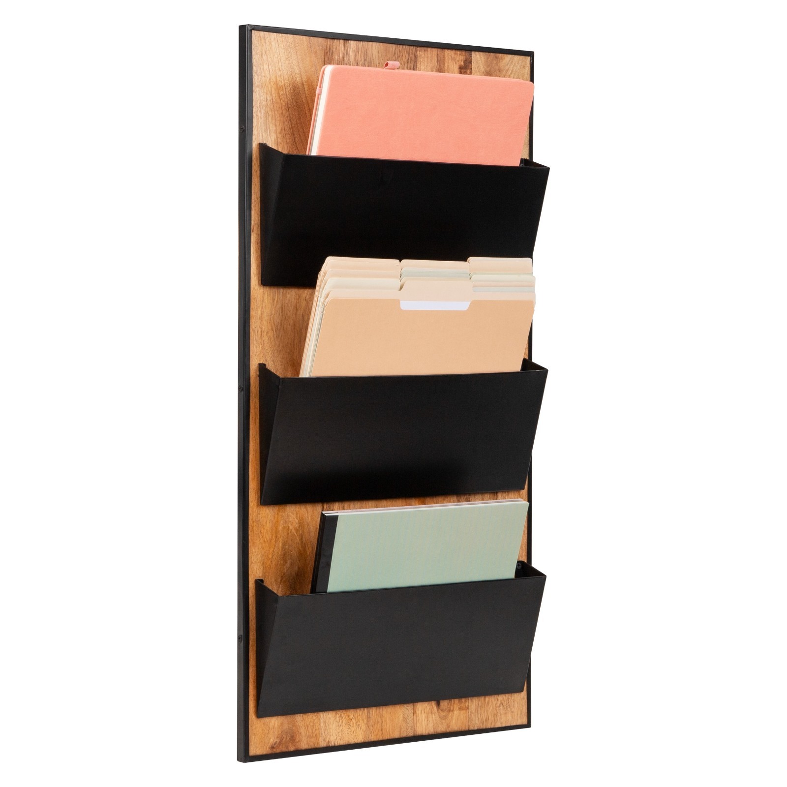 3-Tier Wall-Mounted File Organizer, Wood and Metal Vertical Rack, Black