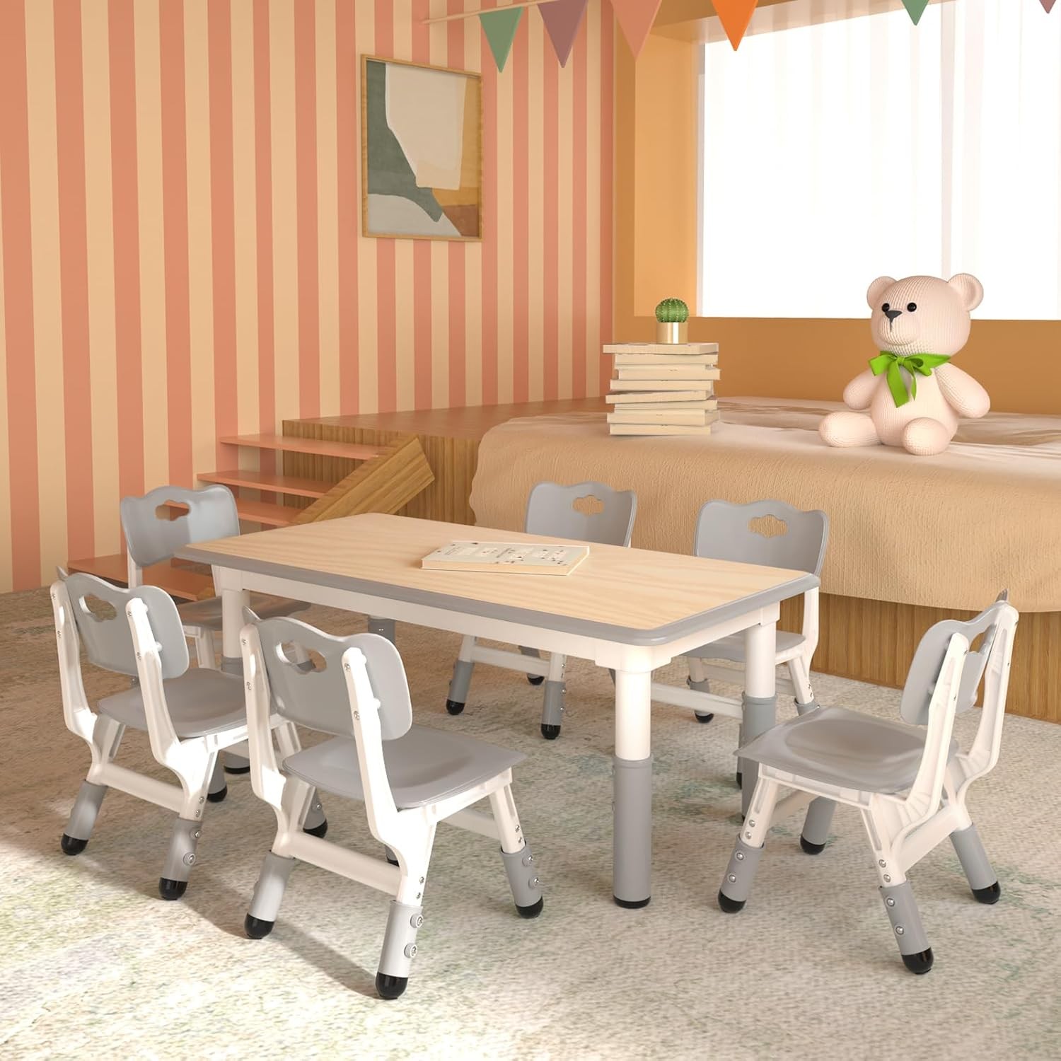 Kids Table and 6 Chairs Set，Height Adjustable Children Table & Chair