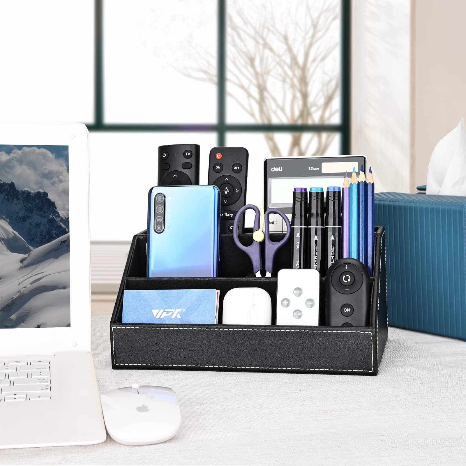 KINGFOM Pu Leather Desk Organizer with 5 9.4 x 5.3 x 4.7 inches, Black