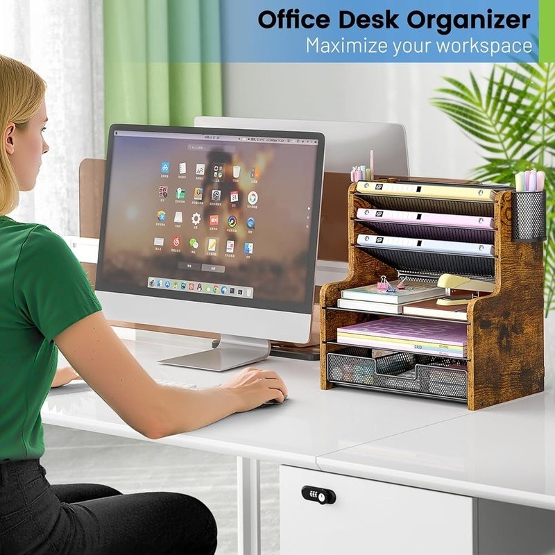 Versatile Desk Organizer W/ 5-Tier Paper Trays & Smooth-Gliding Drawer New