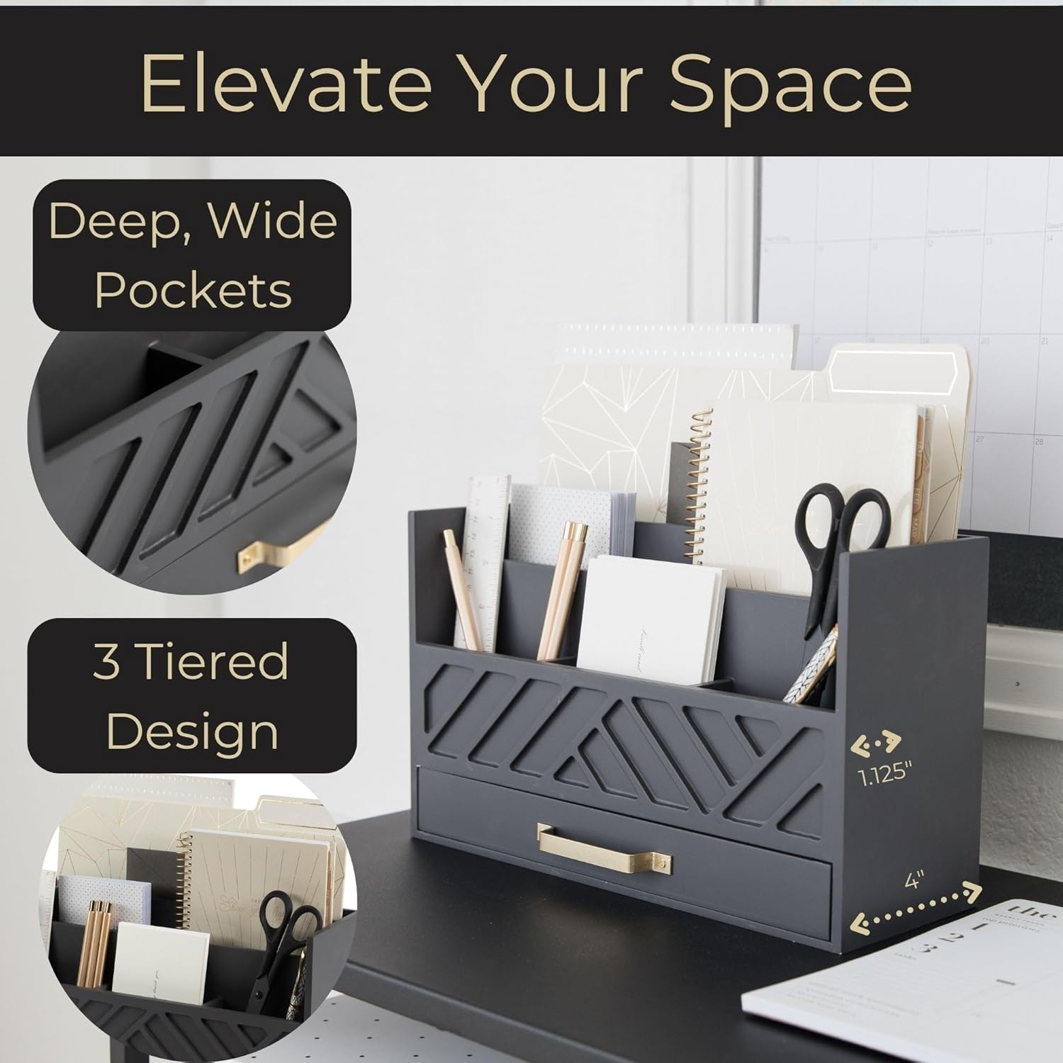 Wooden Mail Organizer with Drawer Gold Handle | Mail Sorter Organizer Countertop