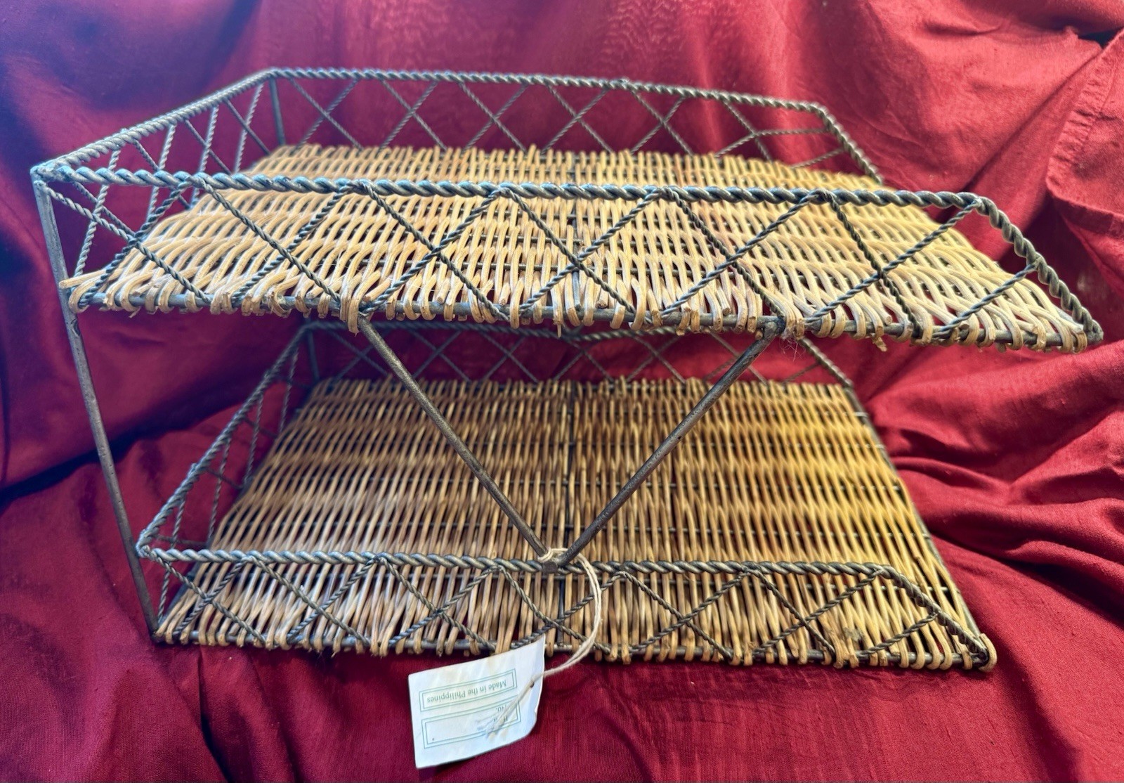 Vintage Double Tier Boho Woven Wicker And Metal Letter Tray / Desk Organizer