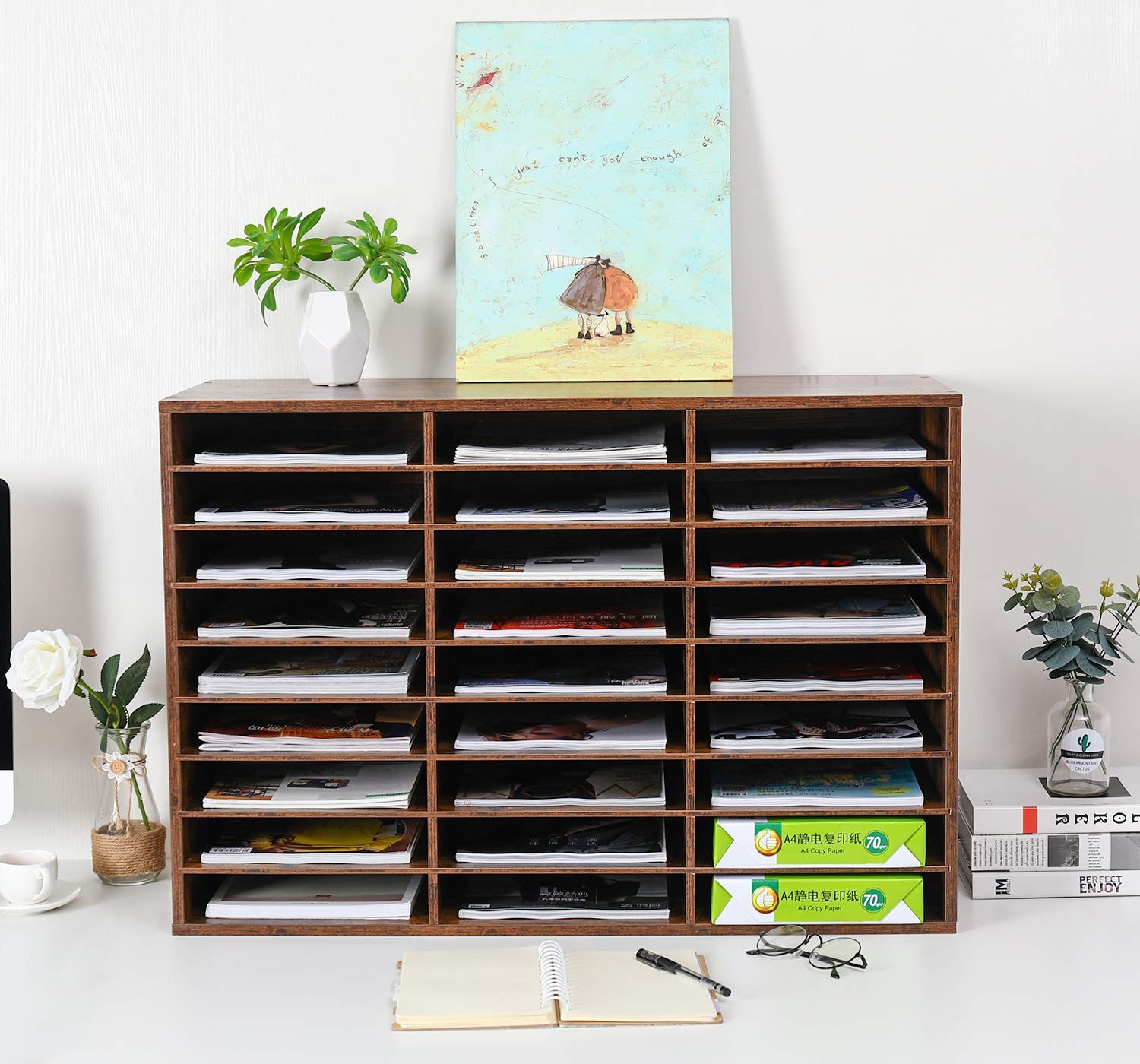 27 Compartments Wooden Literature Organizer with Adjustable Shelves, 13500 Sh…
