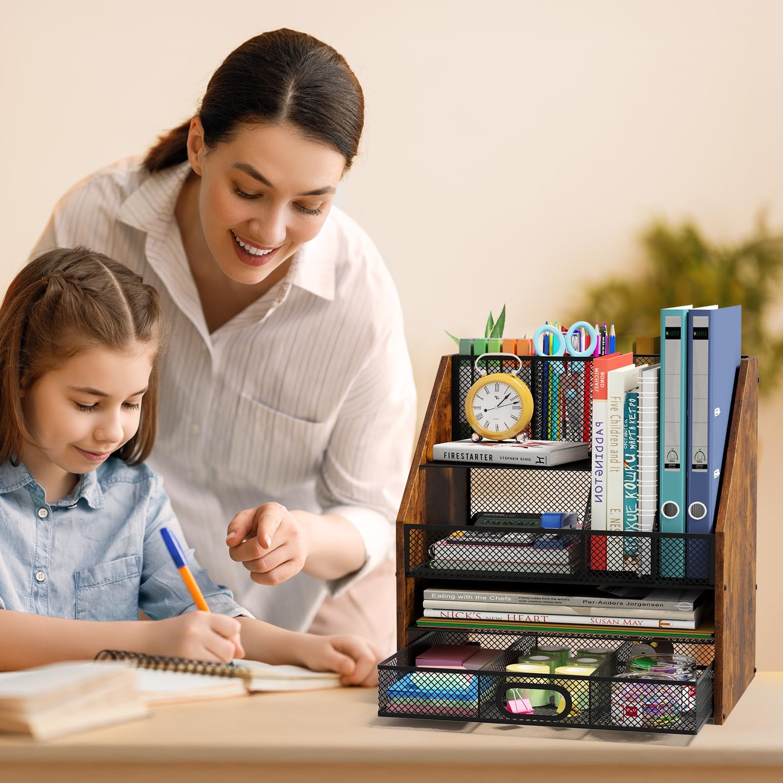 Homsorout Wooden Desk Organizer – Mesh File with Black and Brown