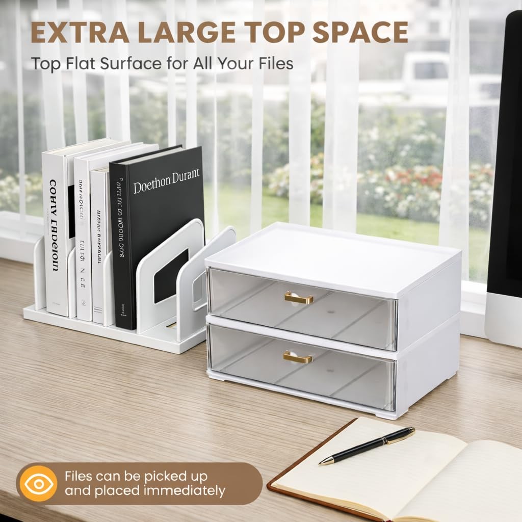 LALOBLUE Acrylic Desk Organizer with Drawer and Vertical File 2 Layer, White