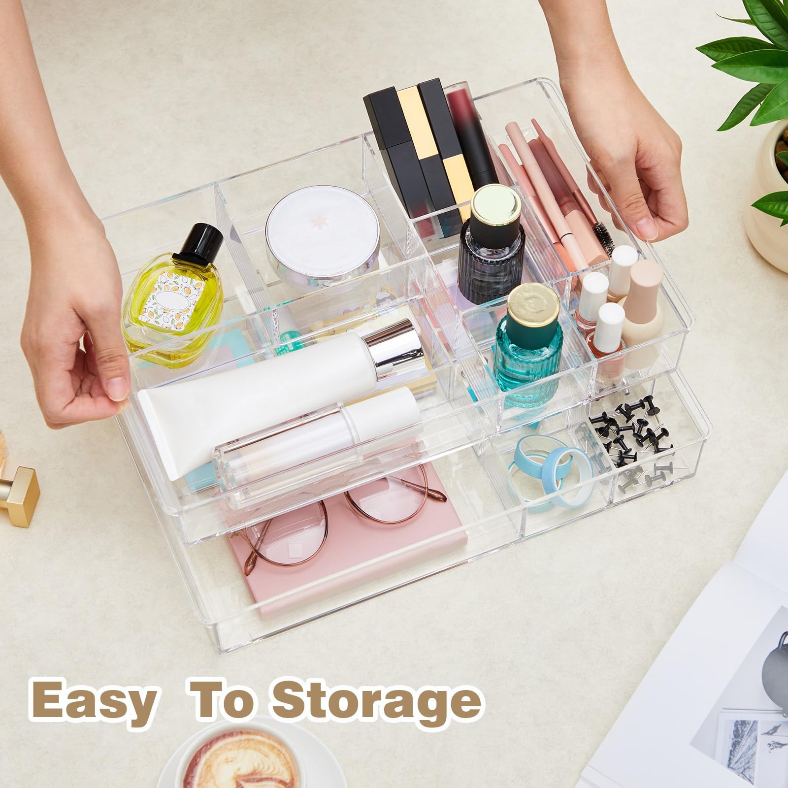 3 PCS Clear Acrylic Desk Drawer Organizer 13.7×8.7×2 Inch 8 Compartment Tray