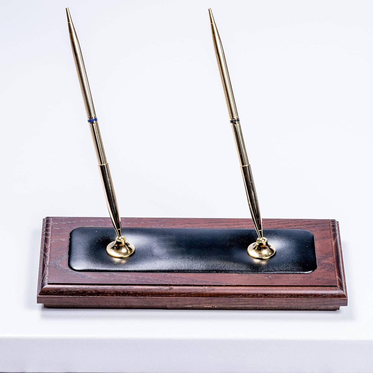 Dacasso Luxury Walnut & Black Leather Double Pen Stand with Rolling Ball Pen
