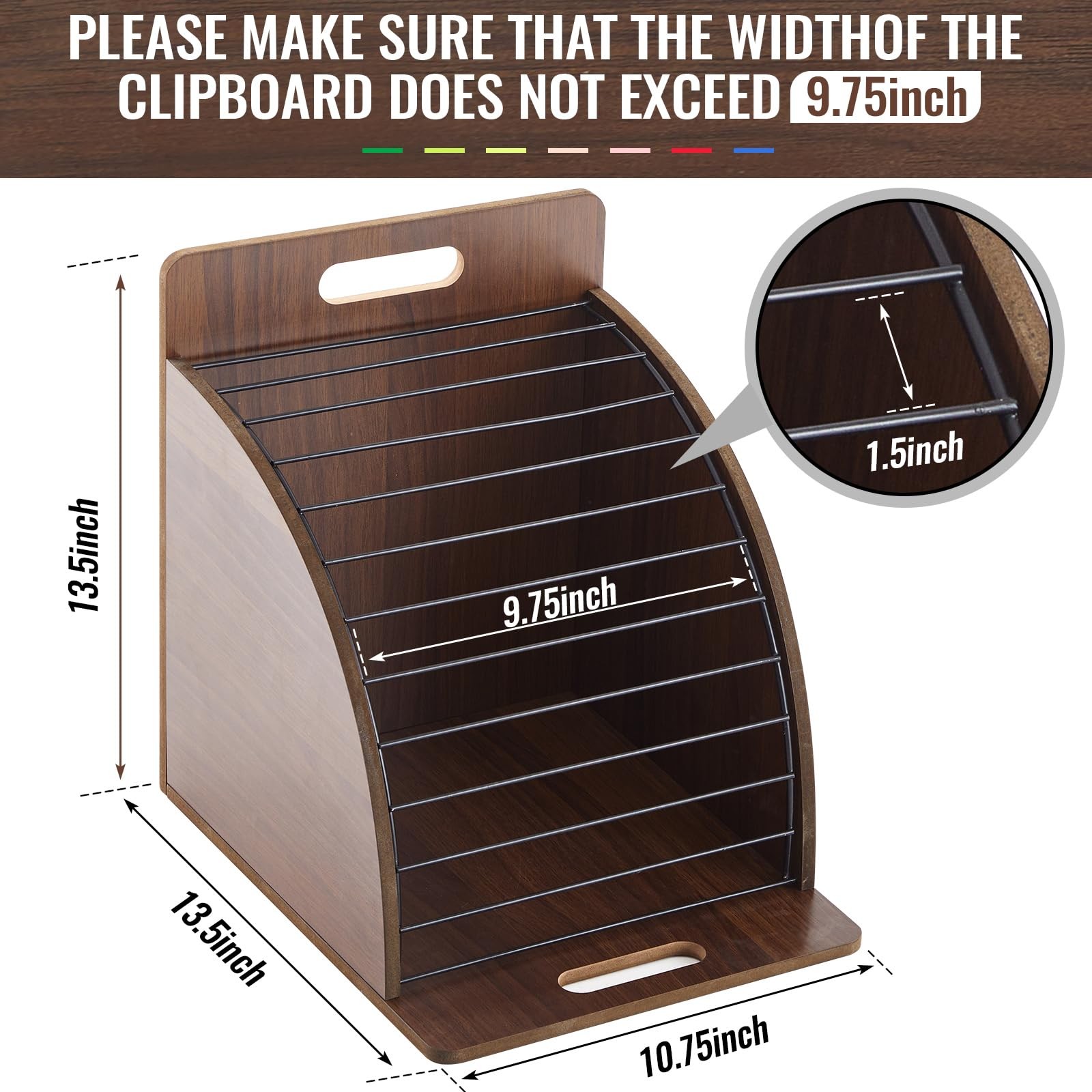 Wooden Clipboard Holder Storage Metal Rack Raised Side Panel Walnut Finish