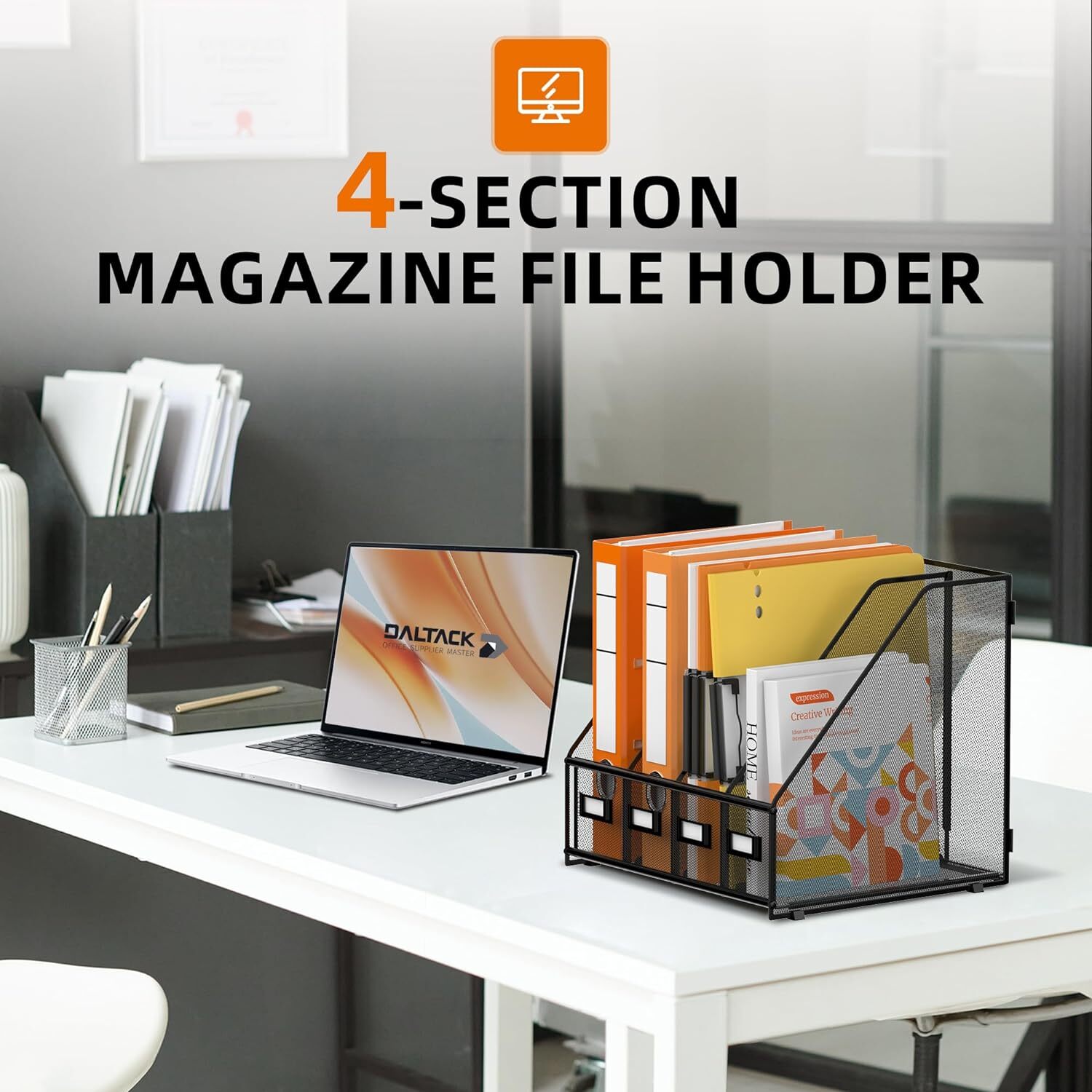 Magazine File Holder | 4-Compartment File Organizer for Desk – Metal 1 Black