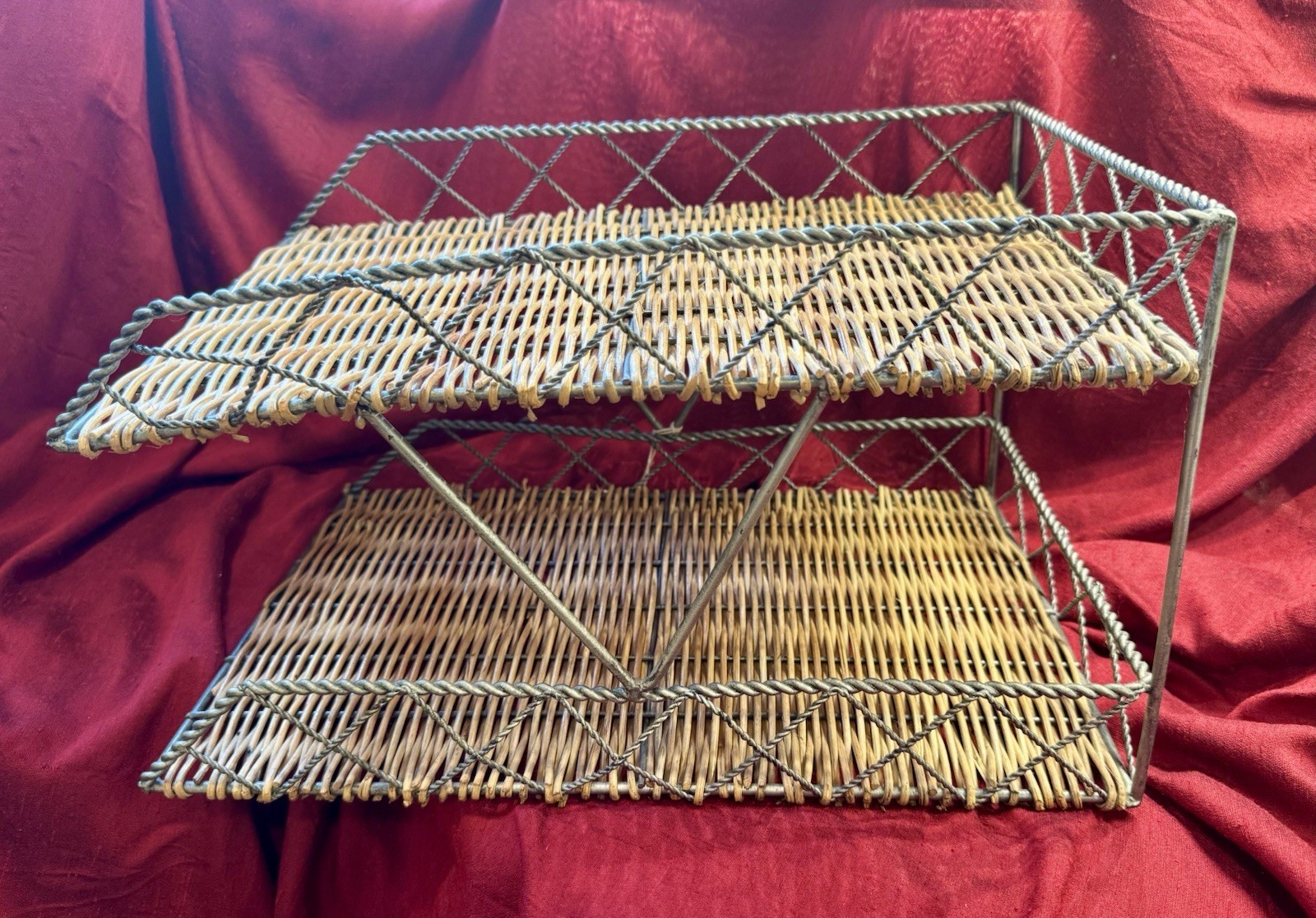 Vintage Double Tier Boho Woven Wicker And Metal Letter Tray / Desk Organizer