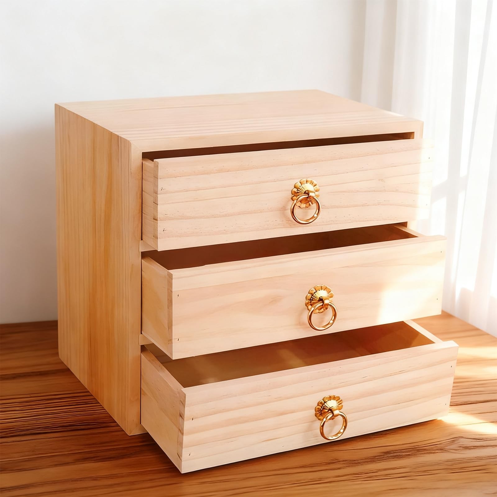 LONG TAO 3 Layer Natural Wooden Storage Box with Drawers Desk