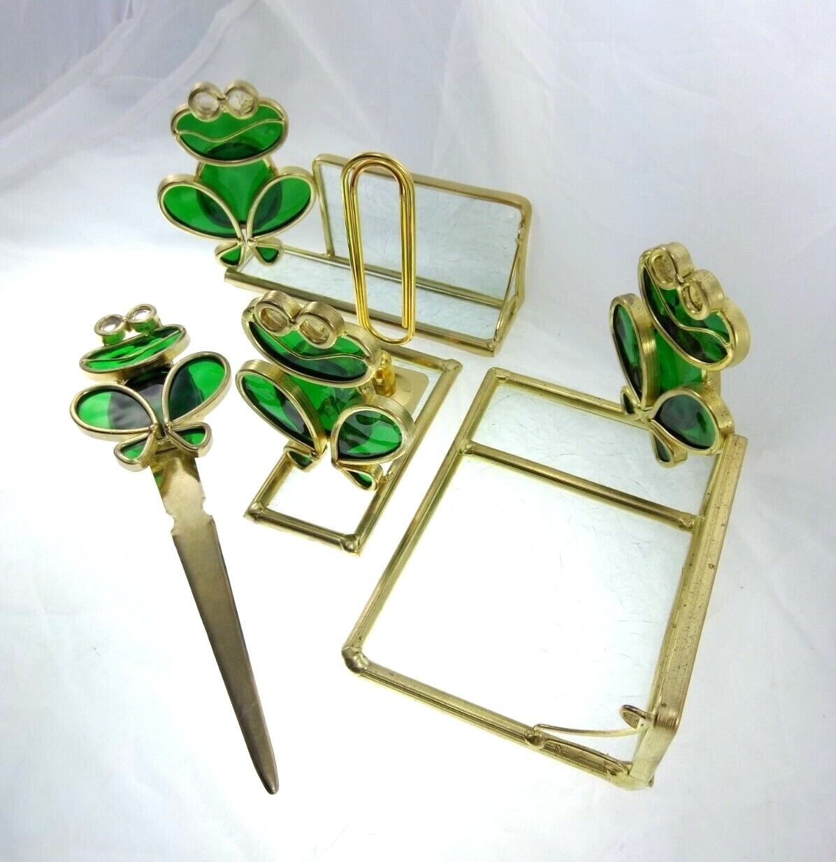 4pc Vintage Glass Brass Frog Desk Set Notepad Business Card Holder Letter Opener