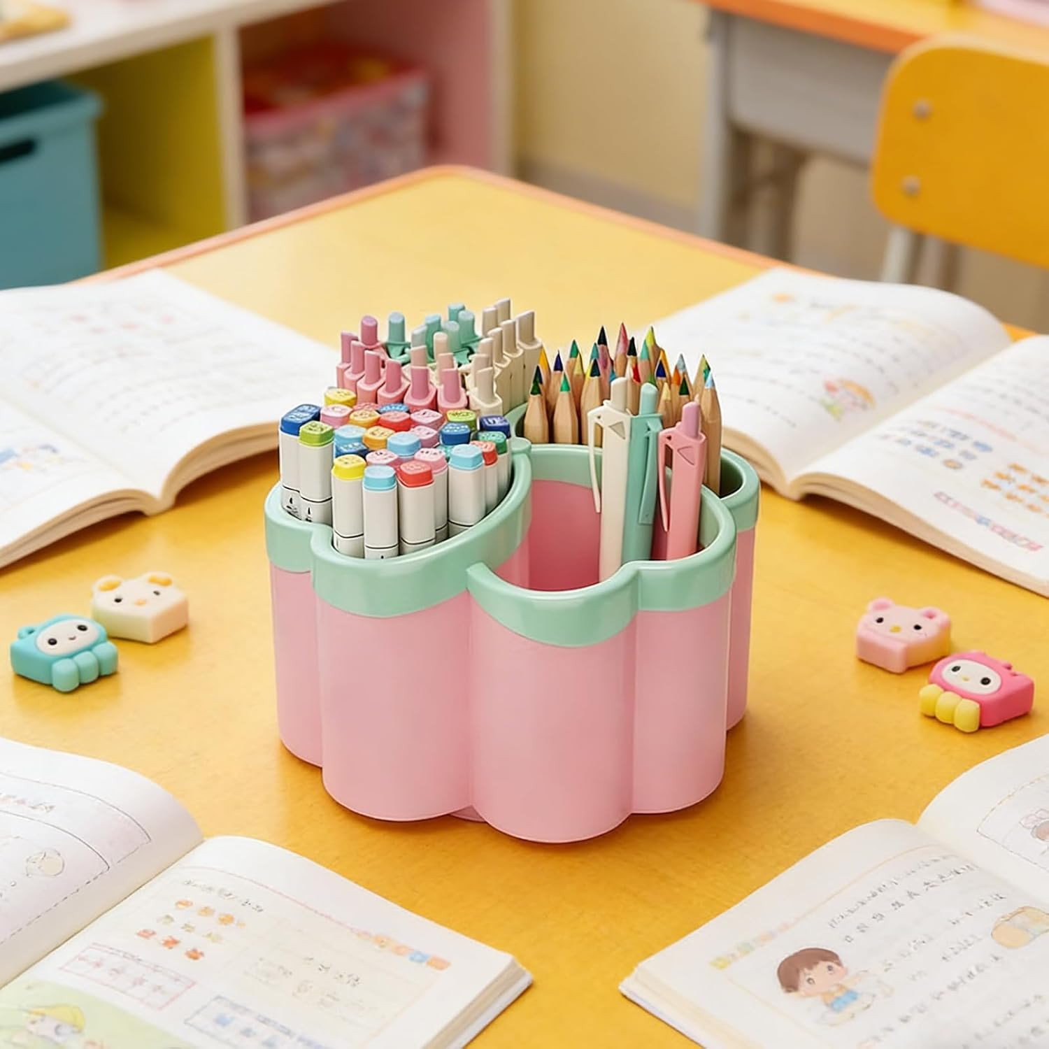 360°Rotating Pencil Pen Holder for Desk,Pen Organizer with 4 Slots, Large-Capaci