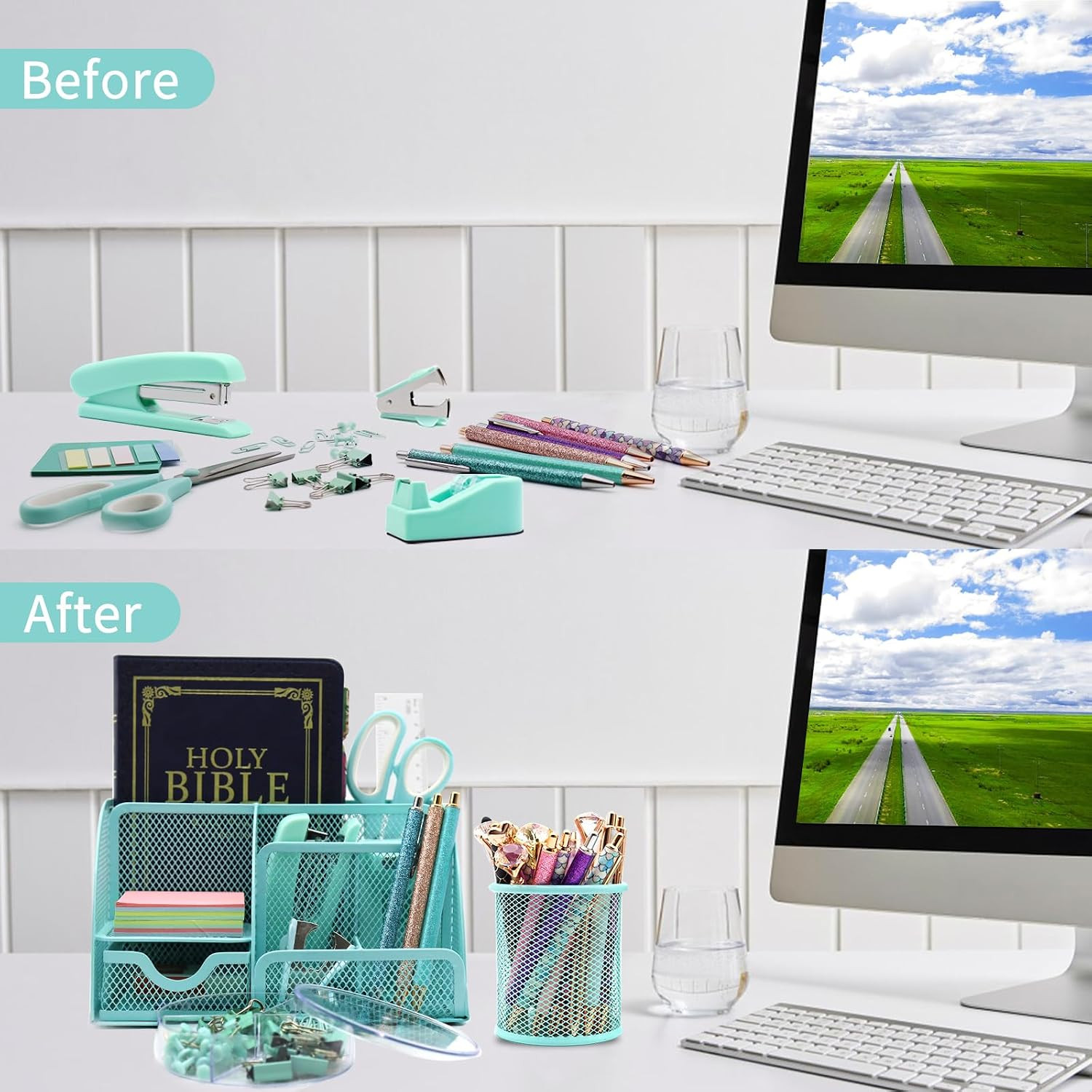 12 in 1 Green Desk Organizers & Accessories Set, Office Supplies Include Stapler