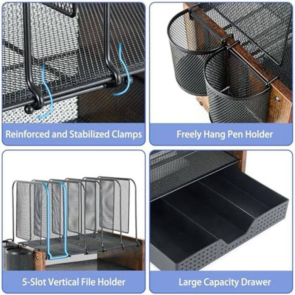 4-Tier Mesh Wood Desktop Organizer Shelf Vertical File Holder with Drawer and Pe