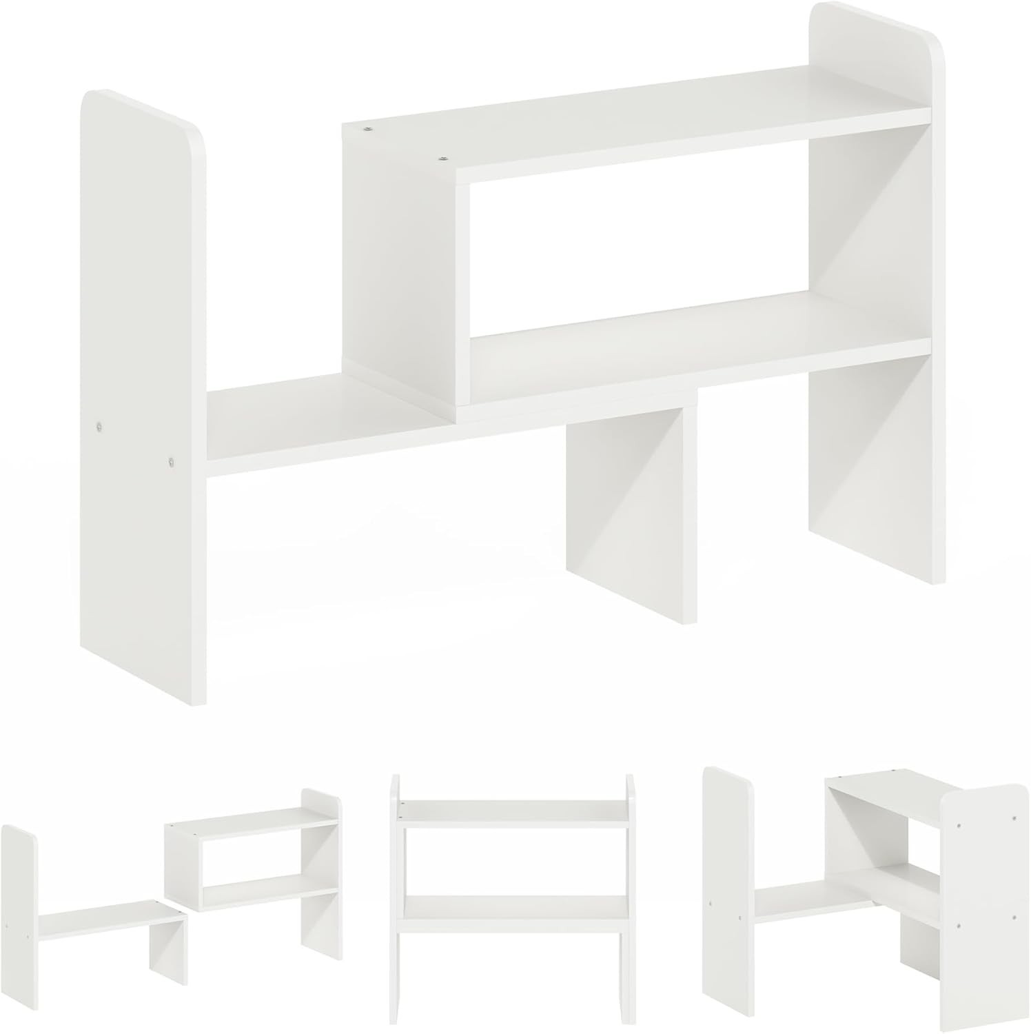 23.7-Inch White Adjustable Desktop Bookshelf Organizer for Workspace Elegance