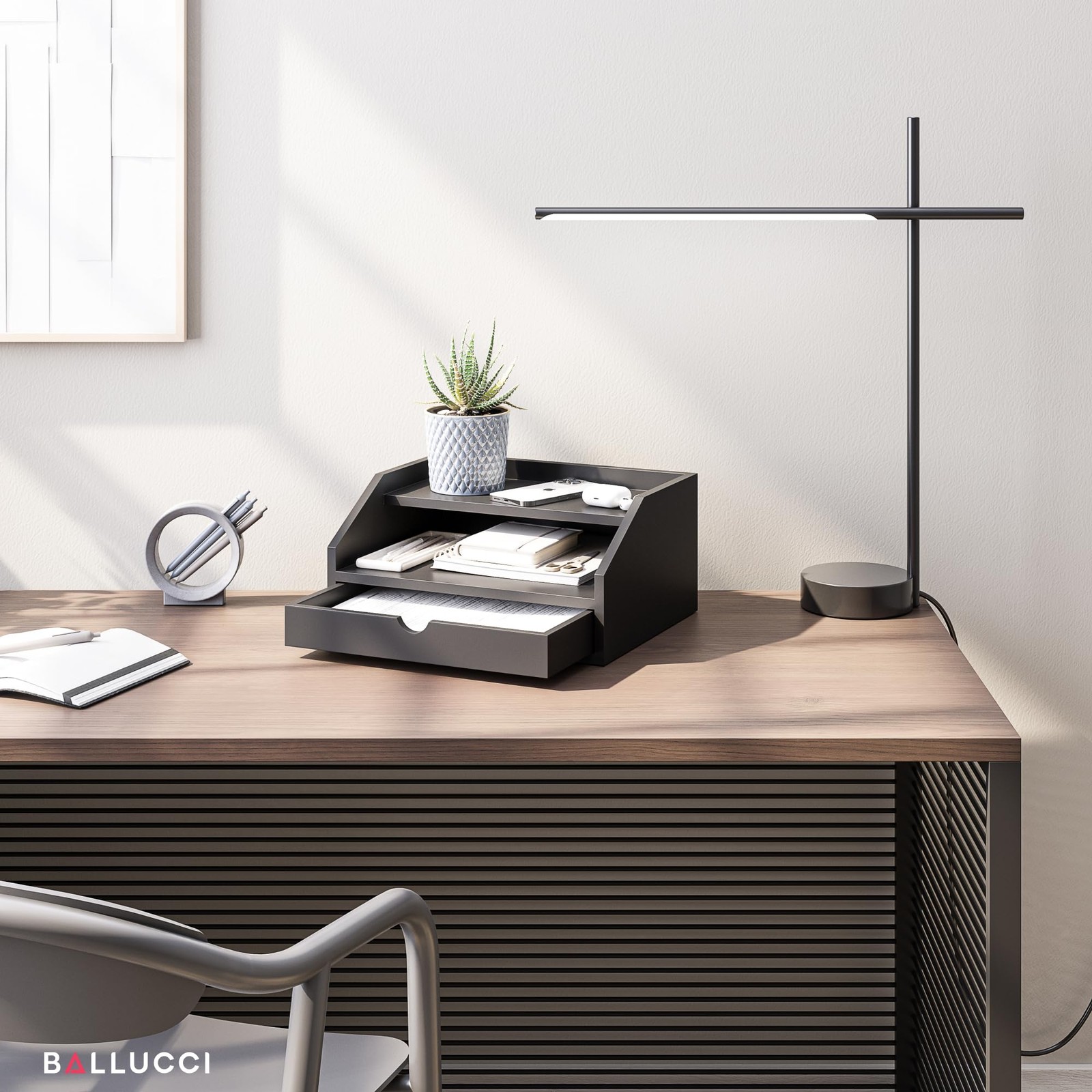 Ballucci Desk Organizer with Drawer, 3 Tier Paper, Office Supplies and File Orga