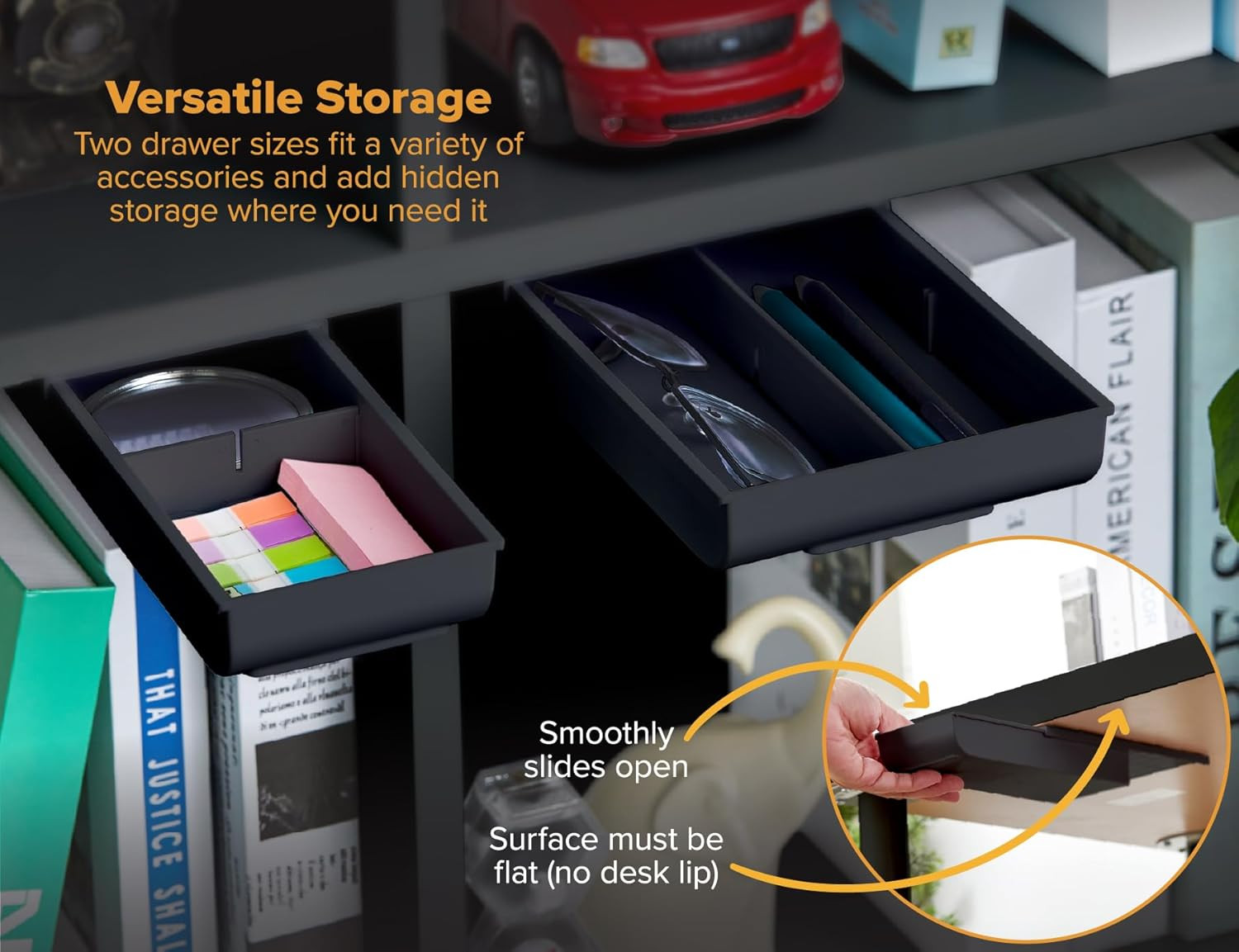 Konnect under Desk Drawer, Self-Adhesive Slide Out Storage Organizer with 4 Cust