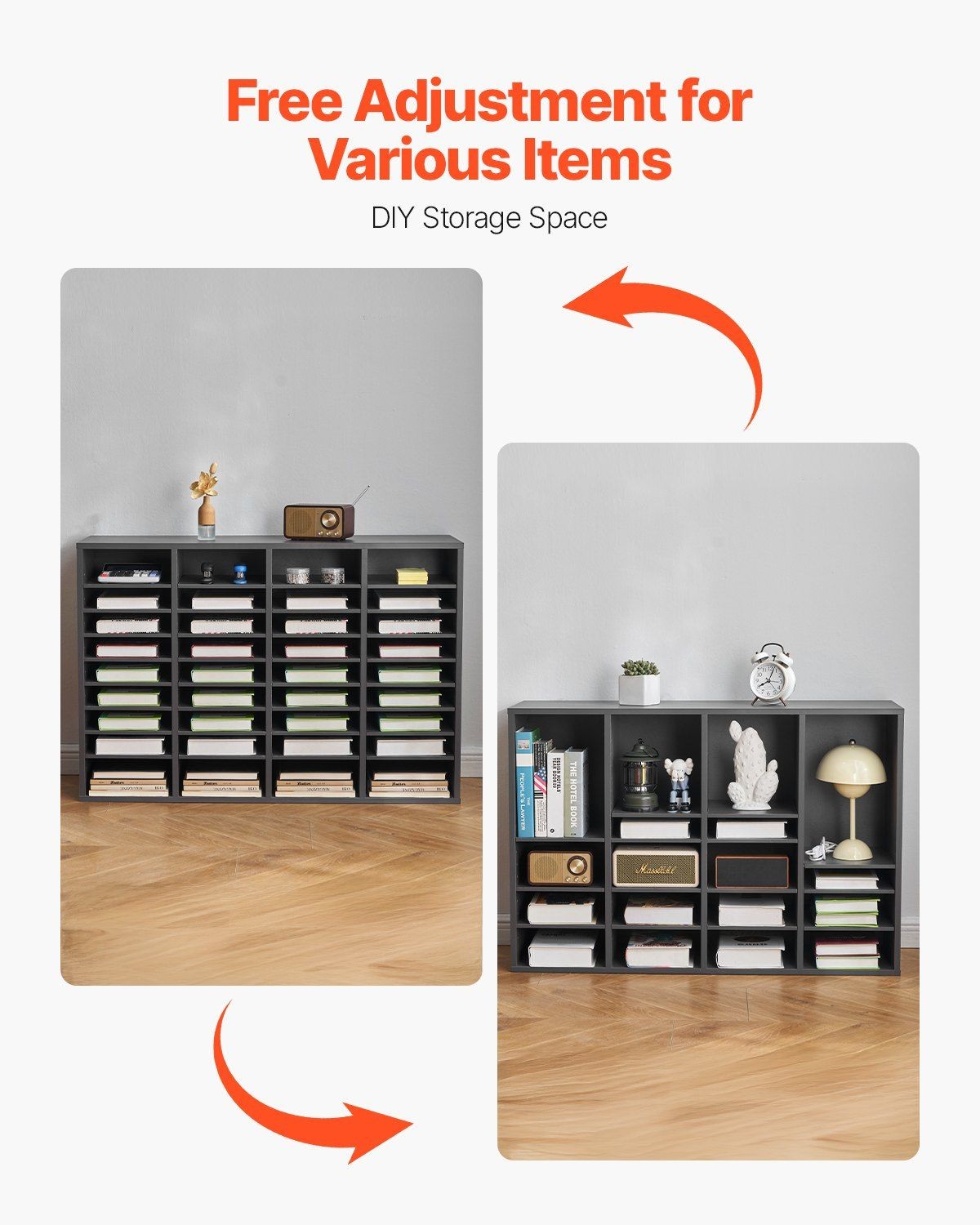 Grey 36-Slot File Organizer: Adjustable Shelves, MDF, 9.2×11.1in Compartments