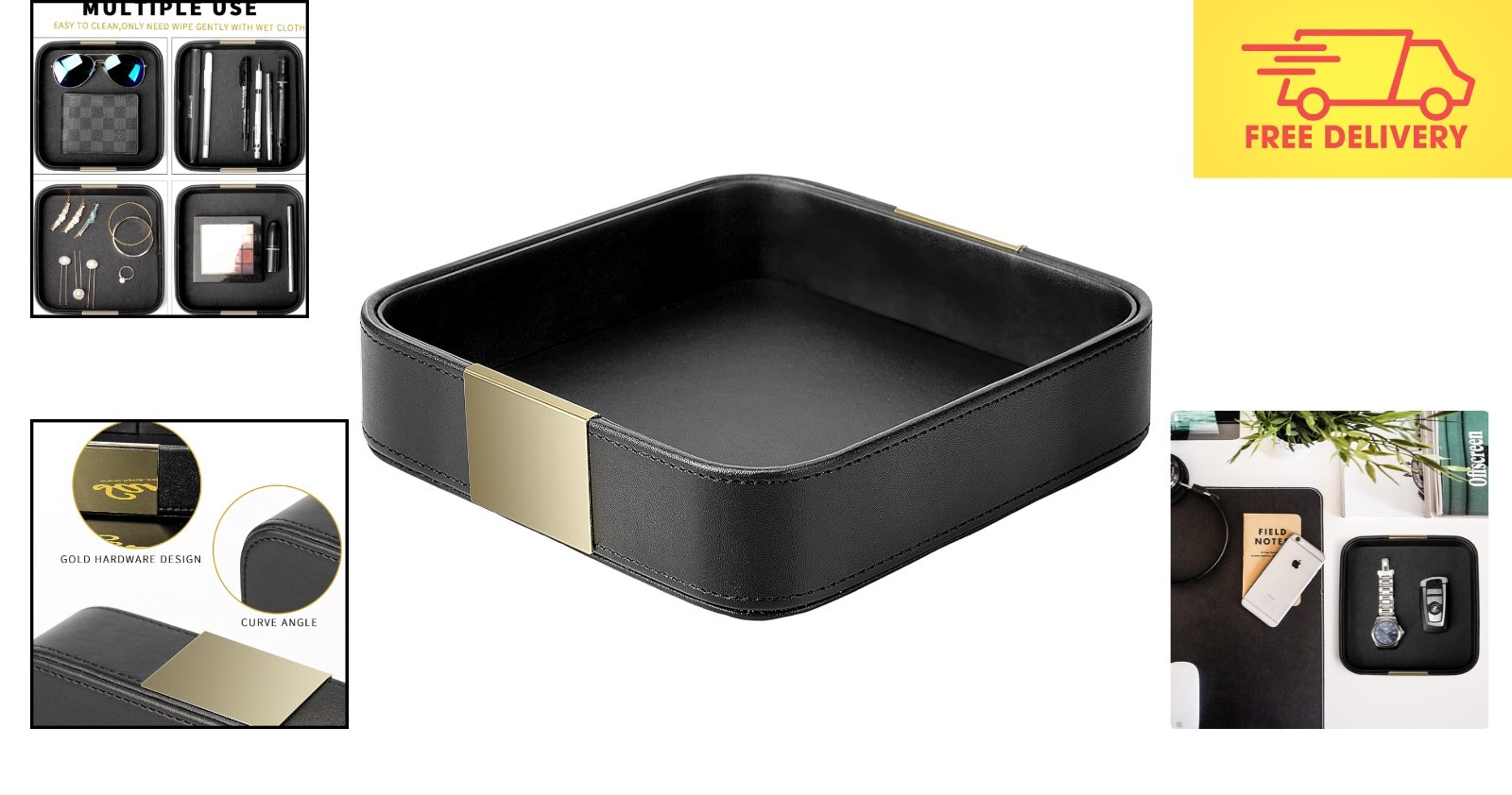 Exquisite Leather Catchall Organizer with Metal Gilded Accents, Black 7.7″