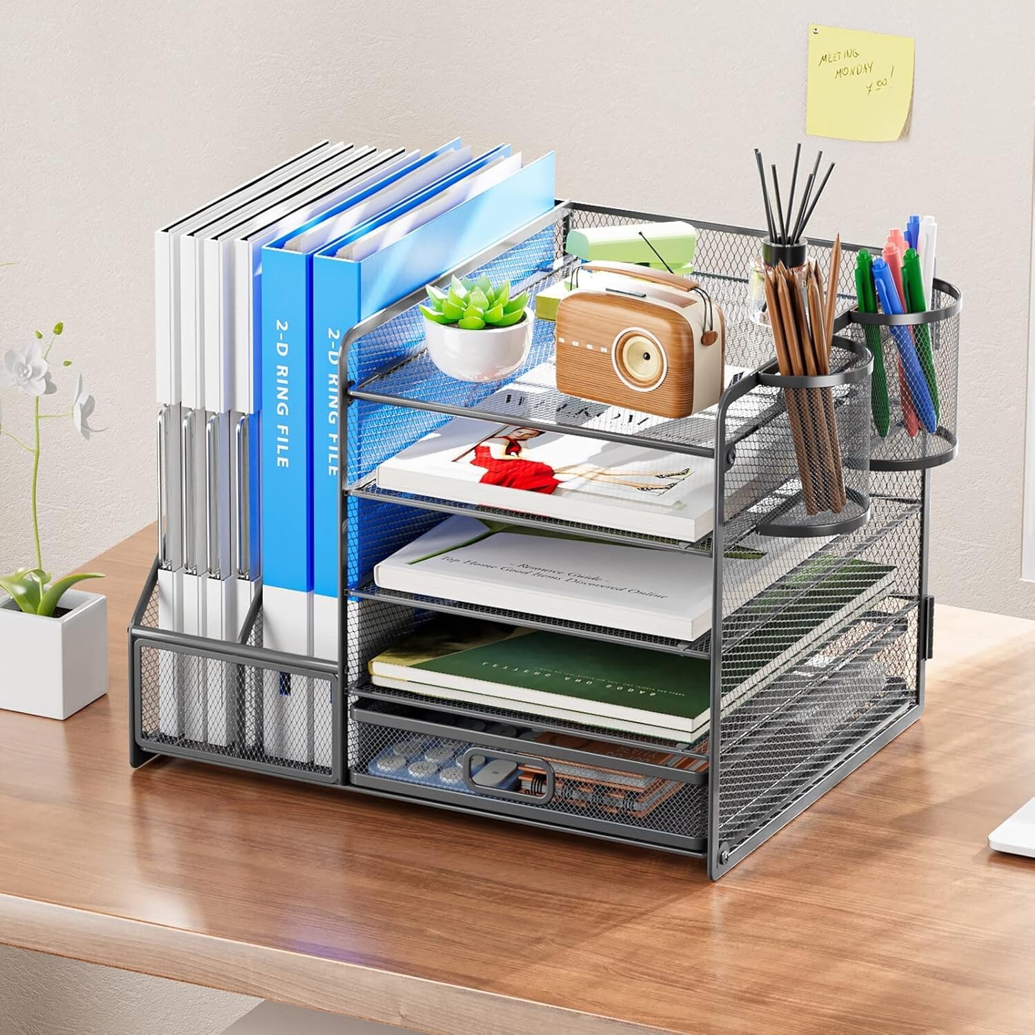 5-Tier Metal File Letter Tray Organizer with Drawer for Office Supplies Grey