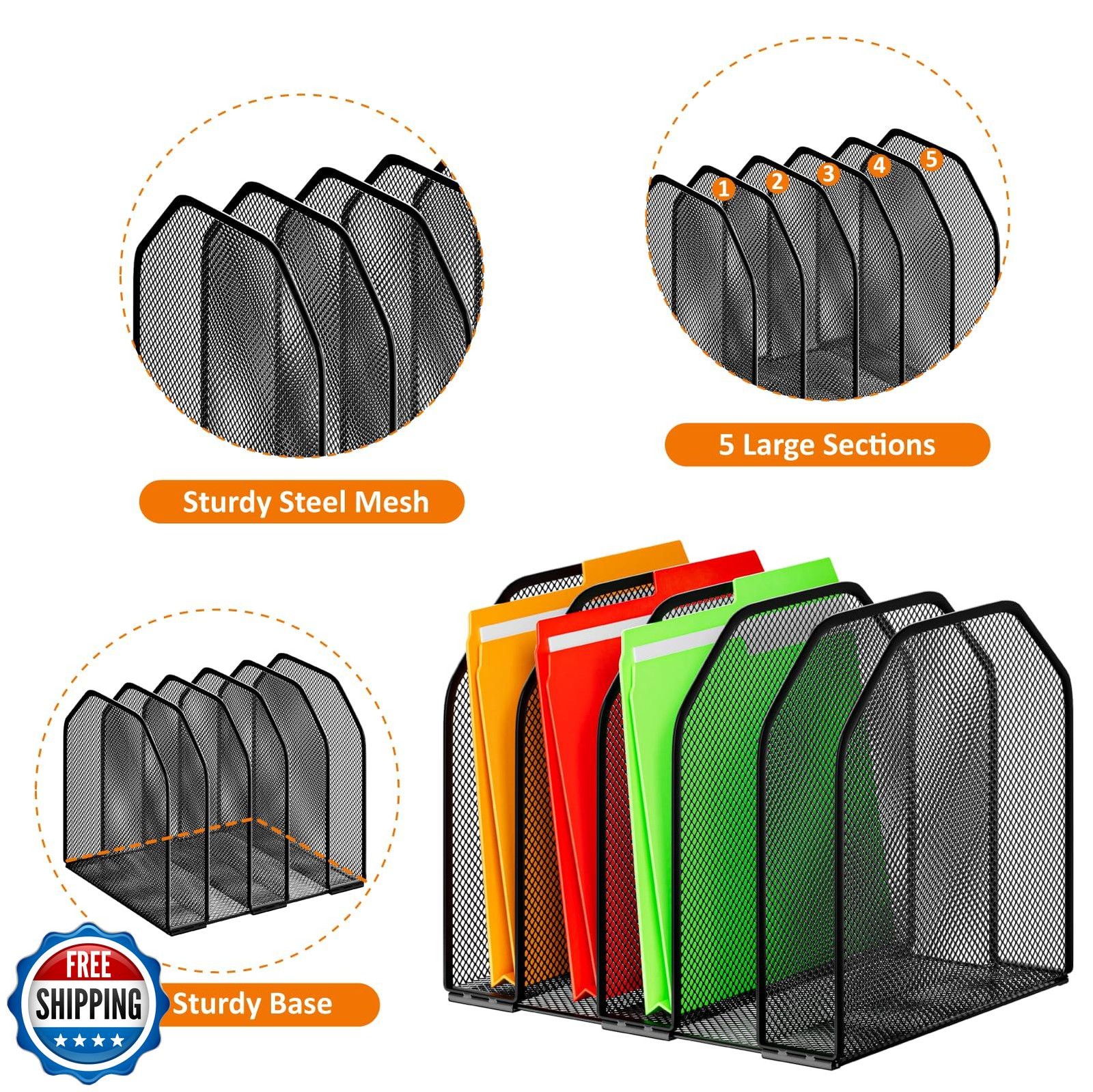 FUCDTEFC Desk File Organizer, Adjustable 5 Sections Upright Desktop Organizer