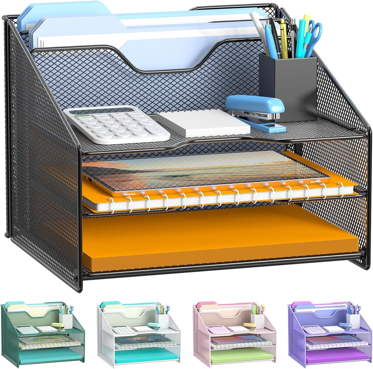 Desk File Organizer, Mesh Letter File Folder Holder with 3 Paper Trays and 2 …