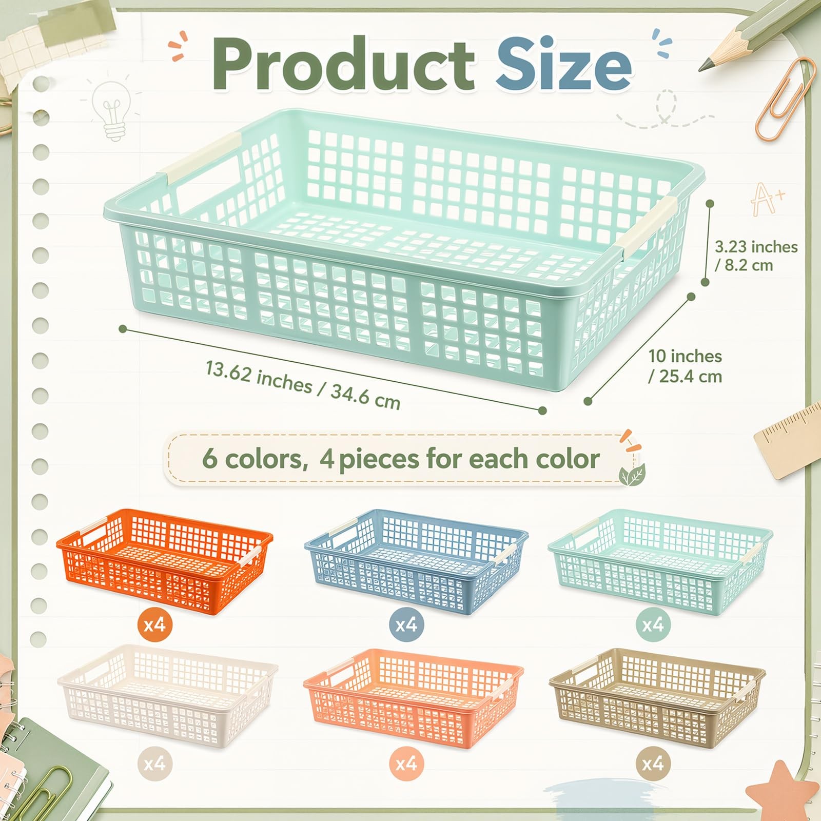 24 Pcs Colorful Plastic Classroom Baskets Bulk with Handles 13.6″ x 10″ Class…