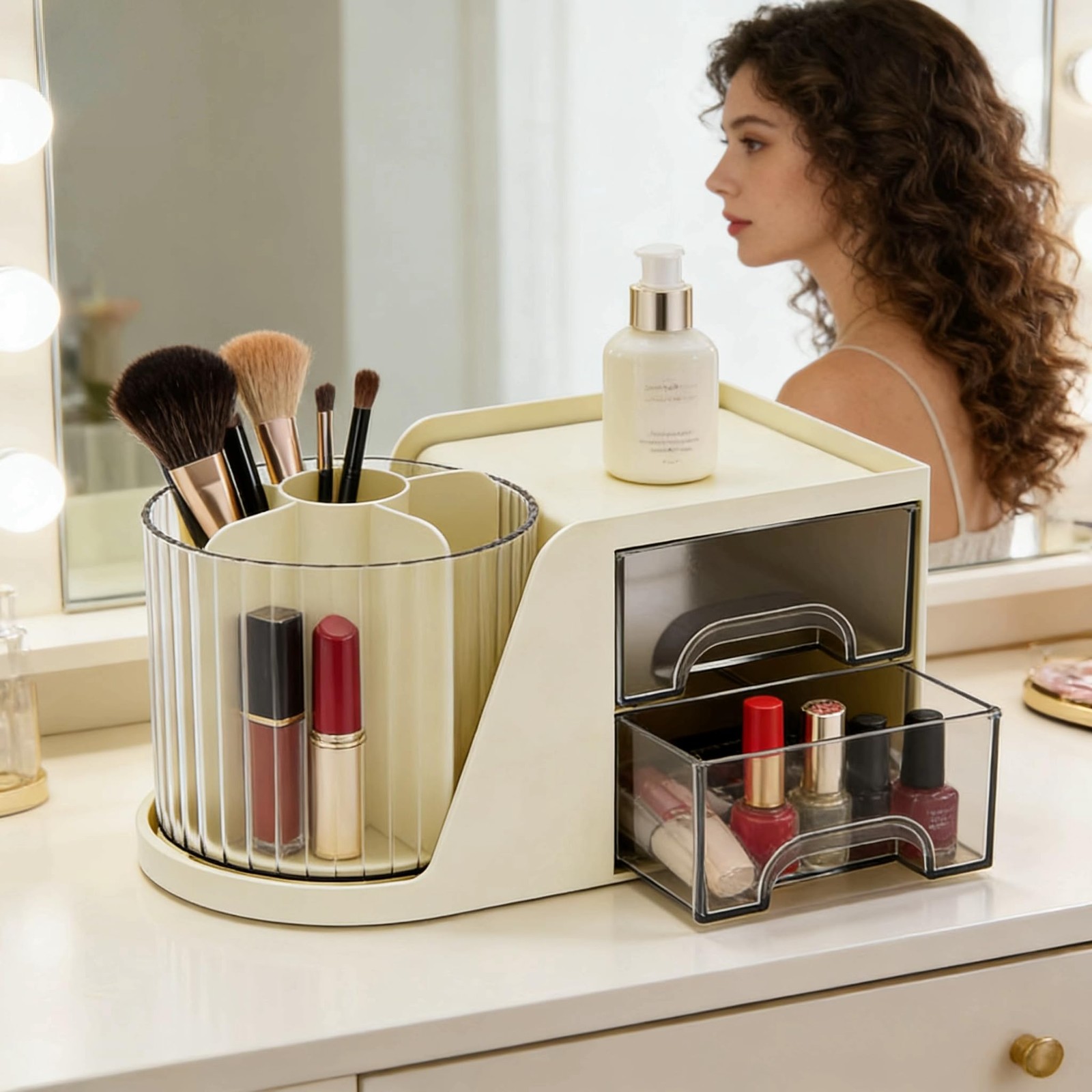 Aitoubil Desk Organizer with 2 Drawer,360 Degree Rotating Pen Holder Cream