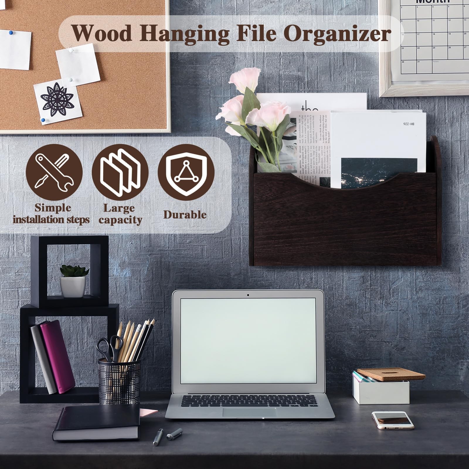 Suzile Wall Mounted File Holder Wood Magazine Holder Wall Hanging File