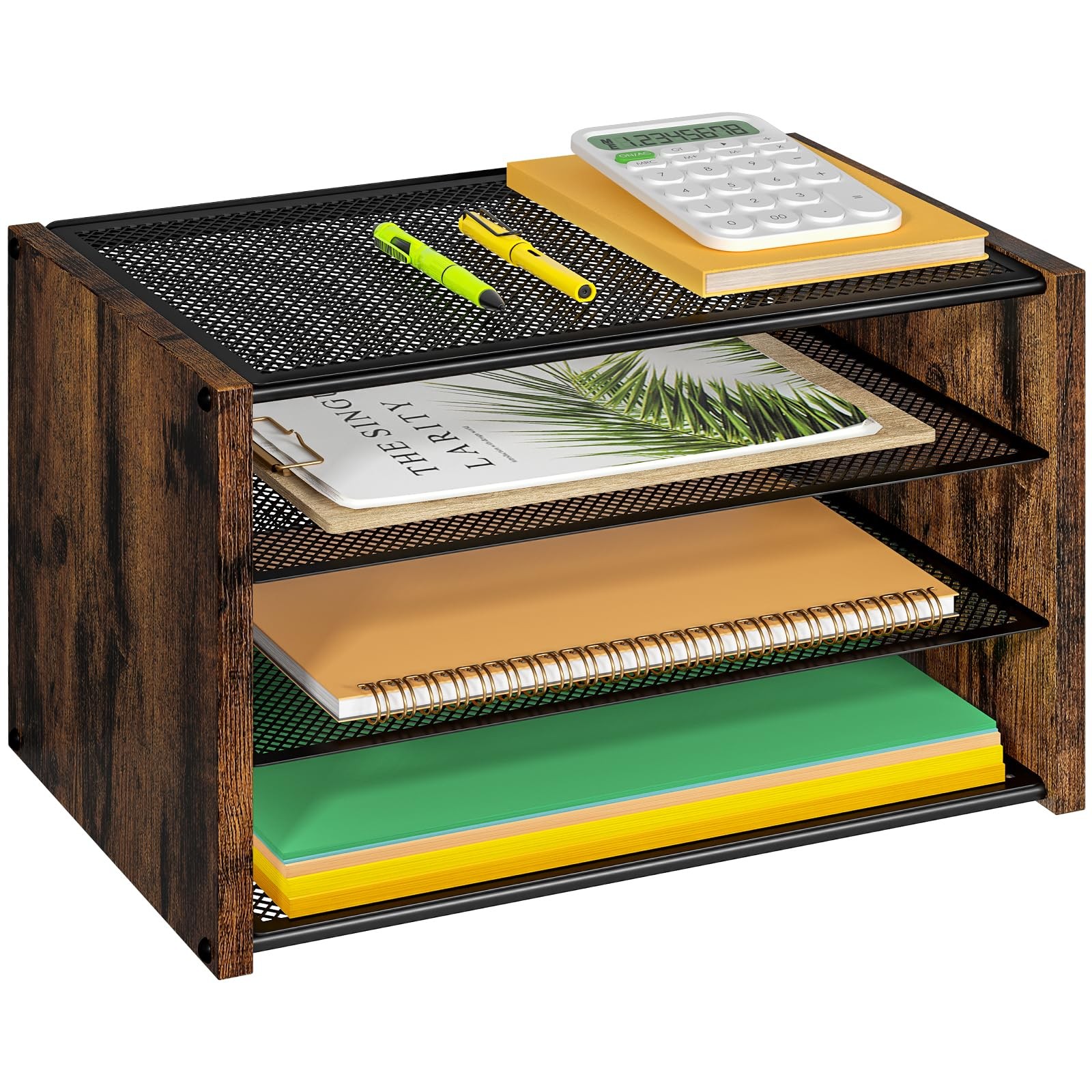 3-Tier Paper Letter Tray, Wooden Desk File Organizer, Stackable Metal Mesh De…