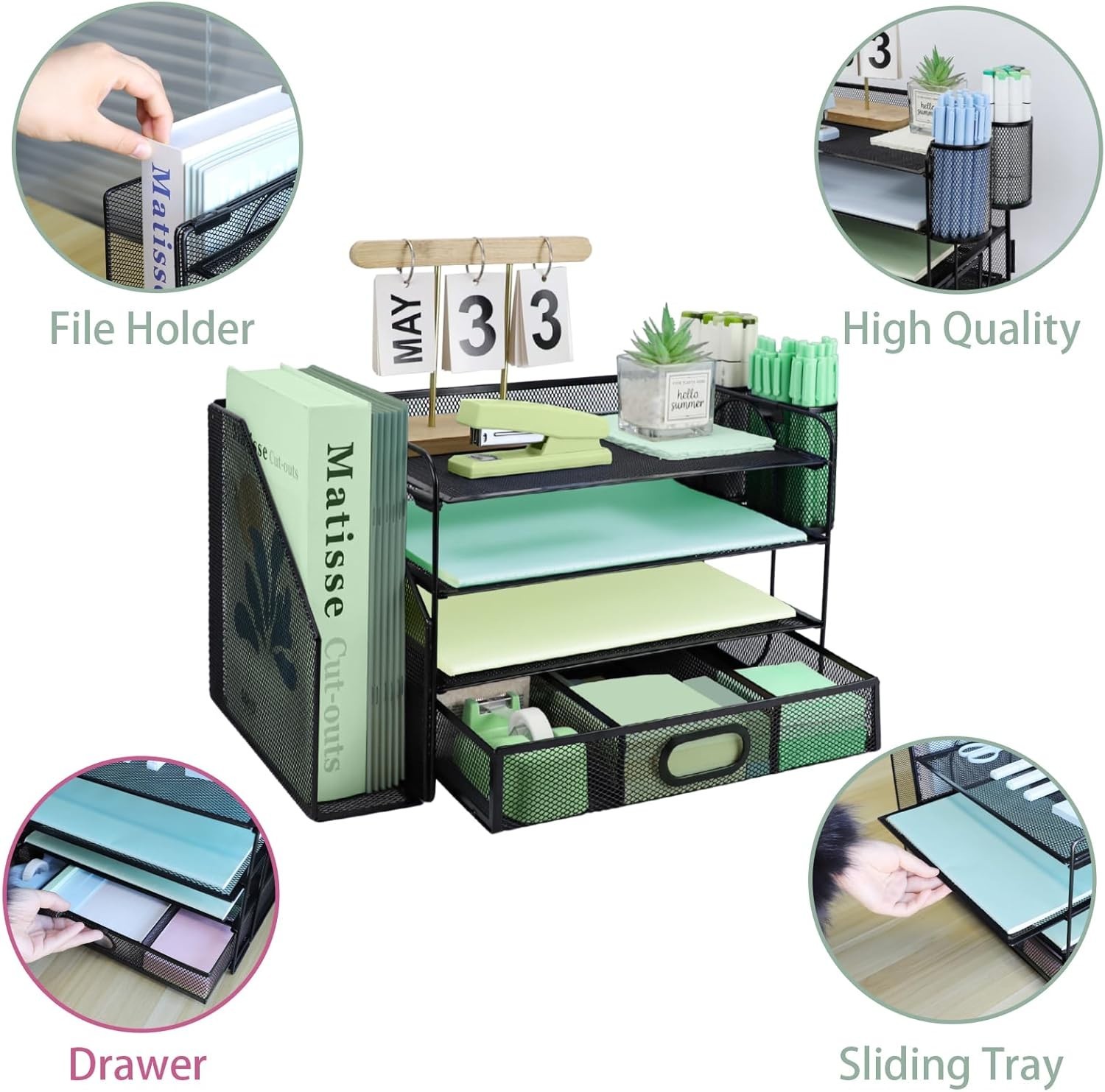 4 Tier Metal Desk File Organizer Vertical Sorter Paper Tray and Drawer Black