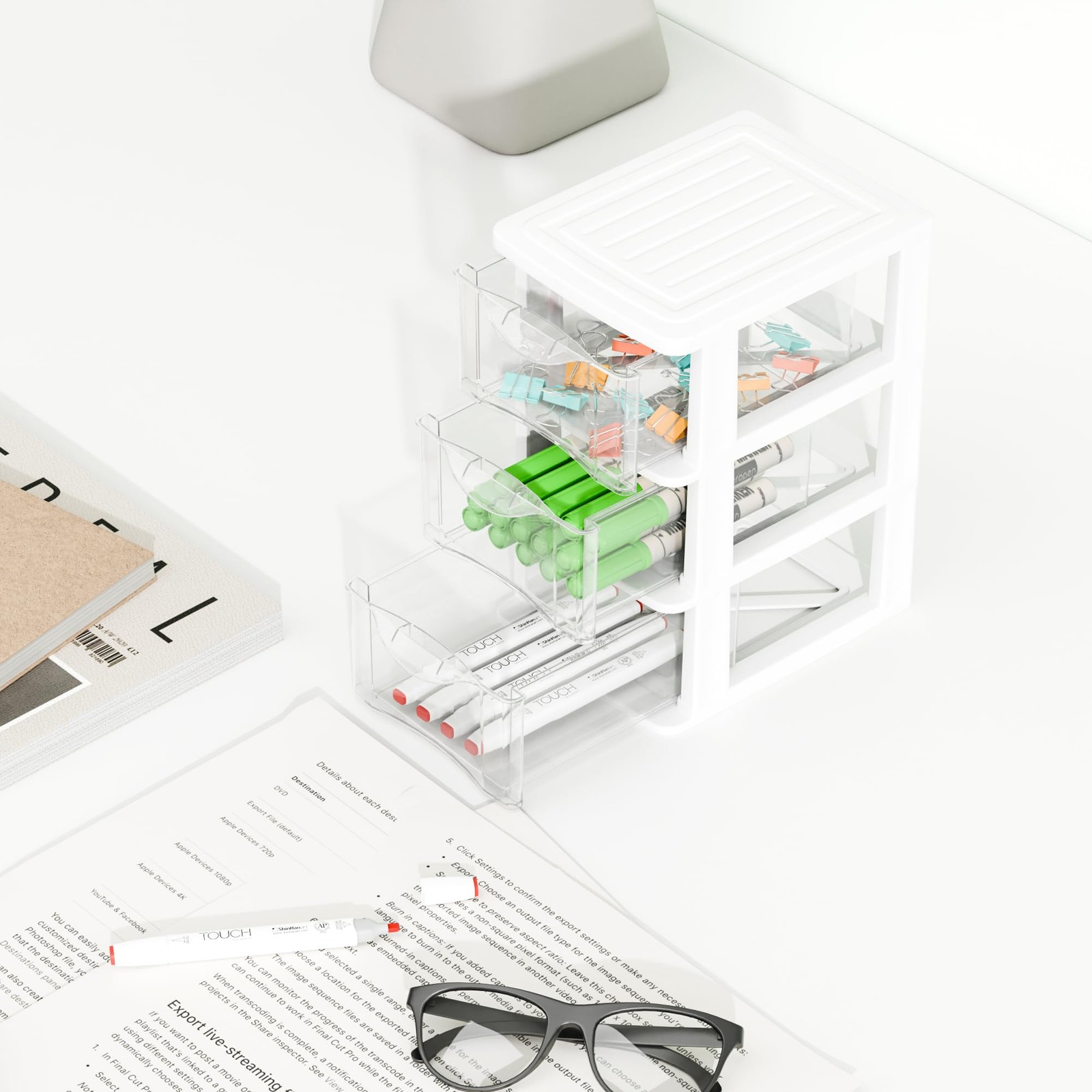 Gonice Small 3 Drawer Desktop Organizer, 2 Pack White Plastic Storage, Deskto…