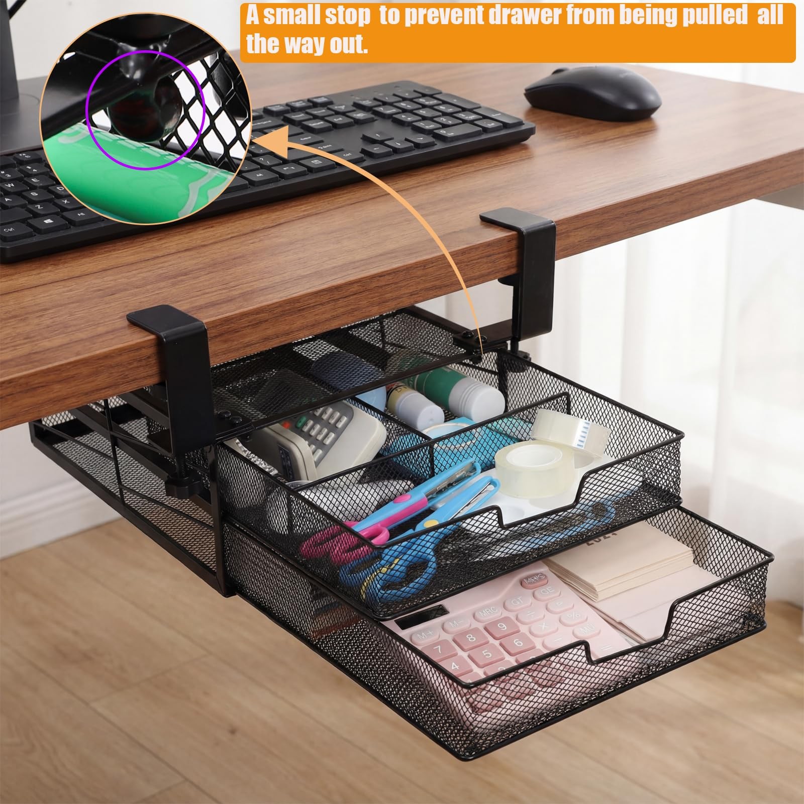 Cedilis Under Desk Drawer Organizer Slide Out, 2-Tier Metal Table Black