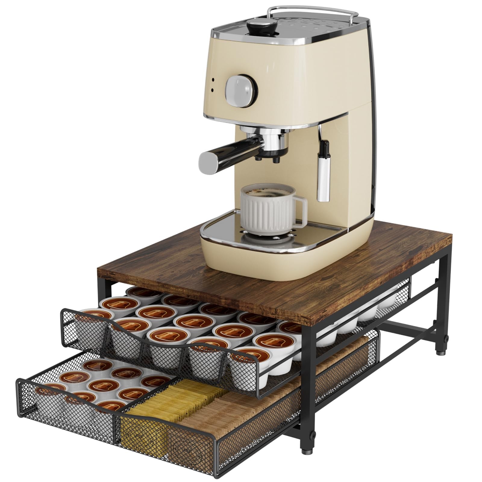 VyGrow Coffee Pod Holder For Counter, Double Layer Sliding Drawer, brown