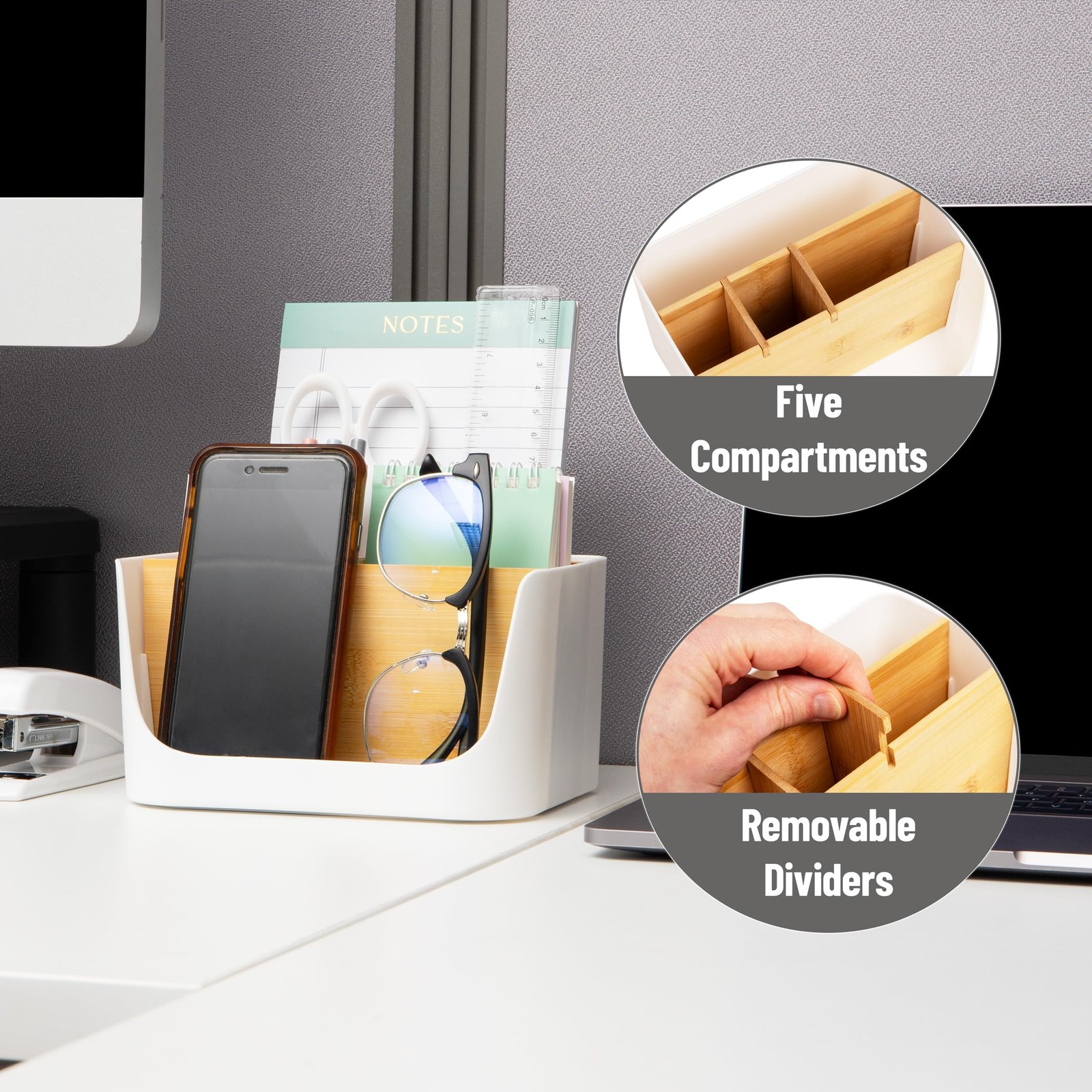 5-Compartment Desktop Organizer, Adjustable Caddy, Plastic and Wood, White