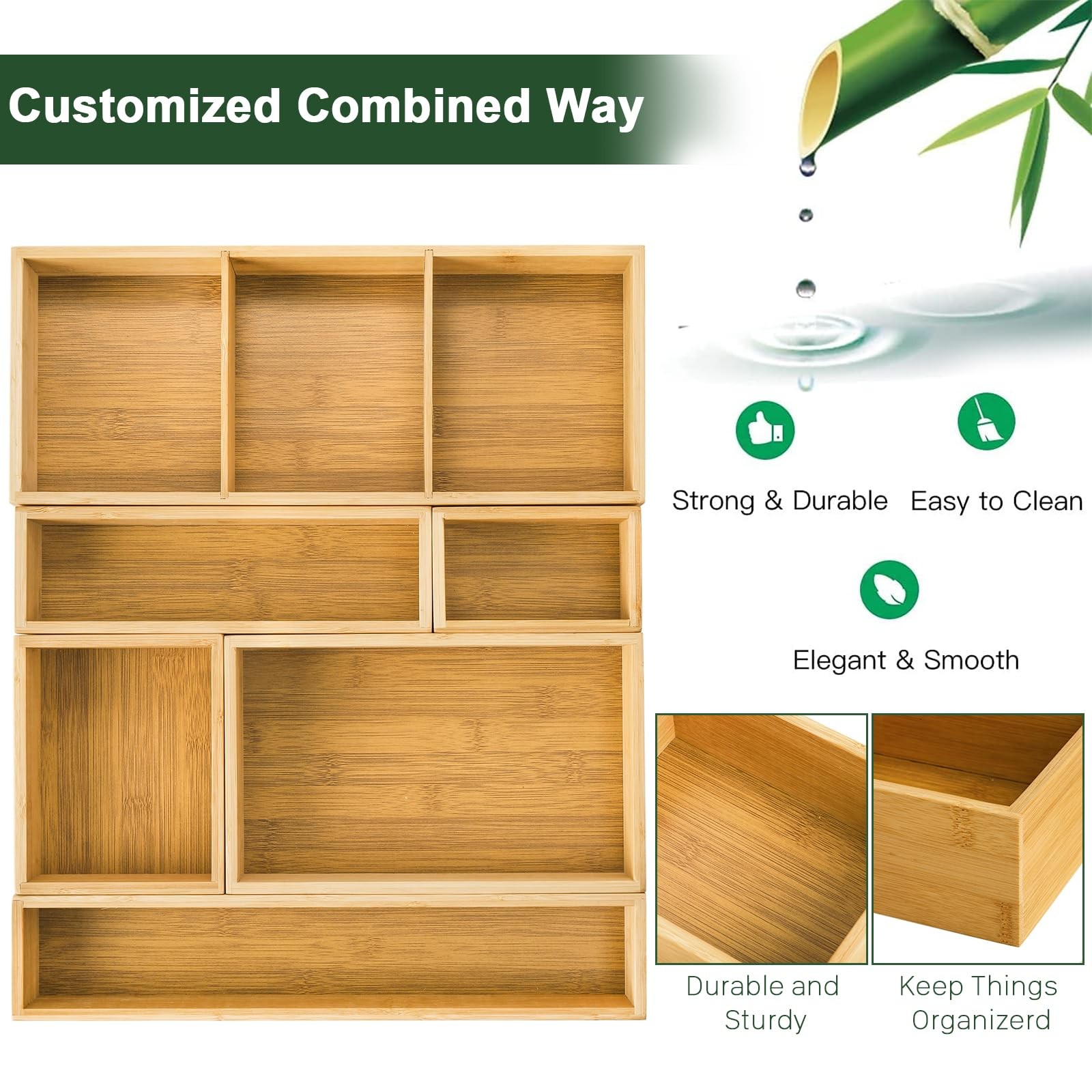 Youeon Set of 6 Bamboo Drawer Organizer Storage Box, Adjustable Natural
