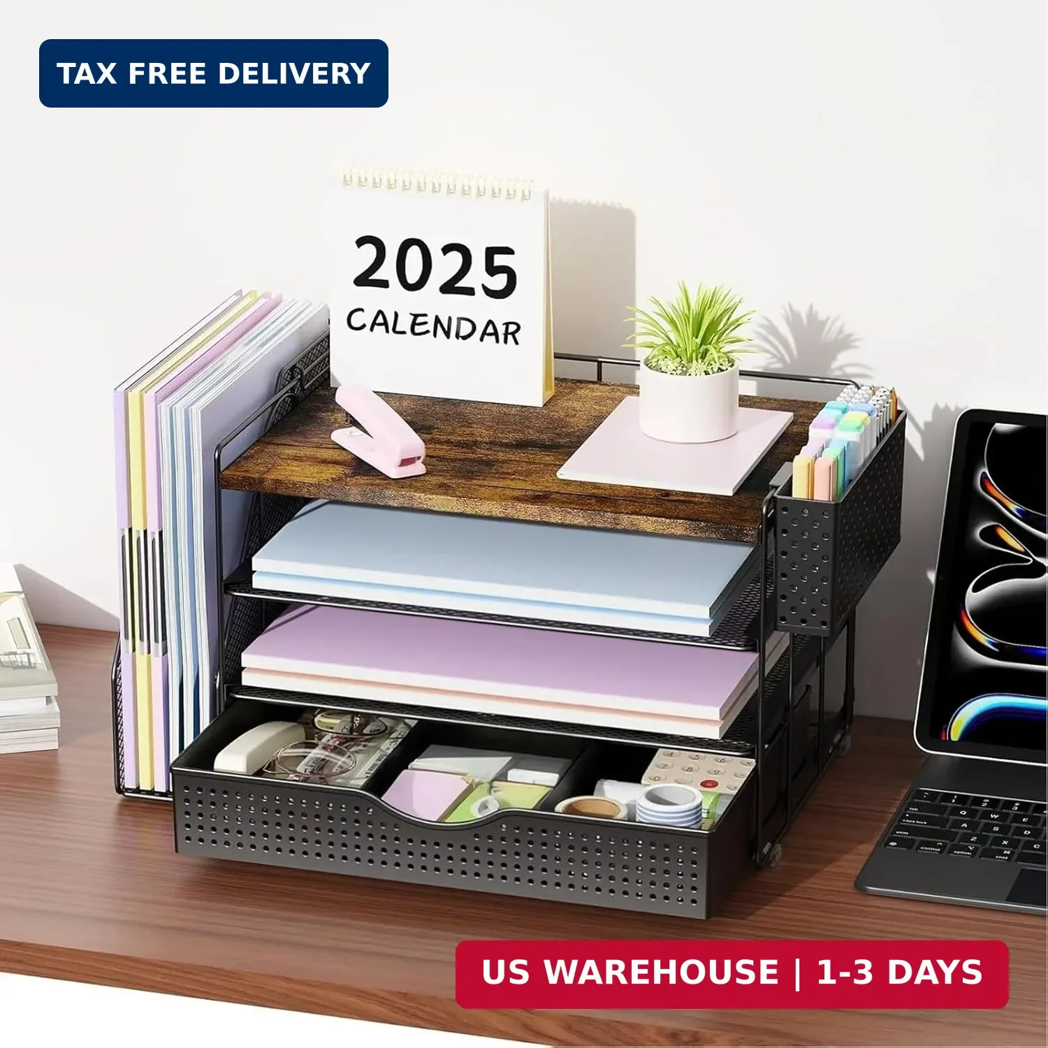 gianotter Wood Desk Organizers and Accessories with File Holder, 4-Tier Desk Acc