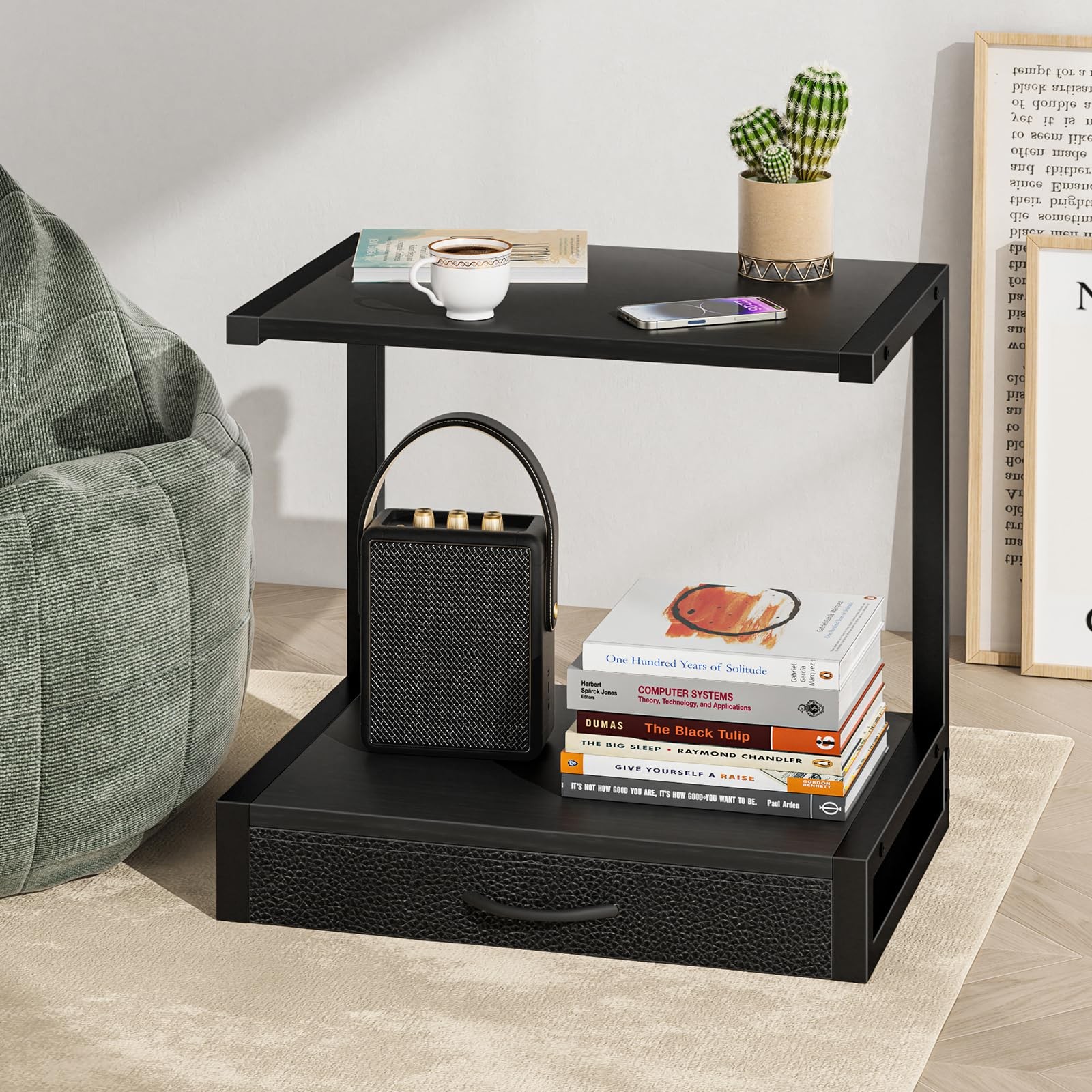 YAOHUOO 2-Tier Desktop Printer Stand with Fabric Drawer, Middle, Black
