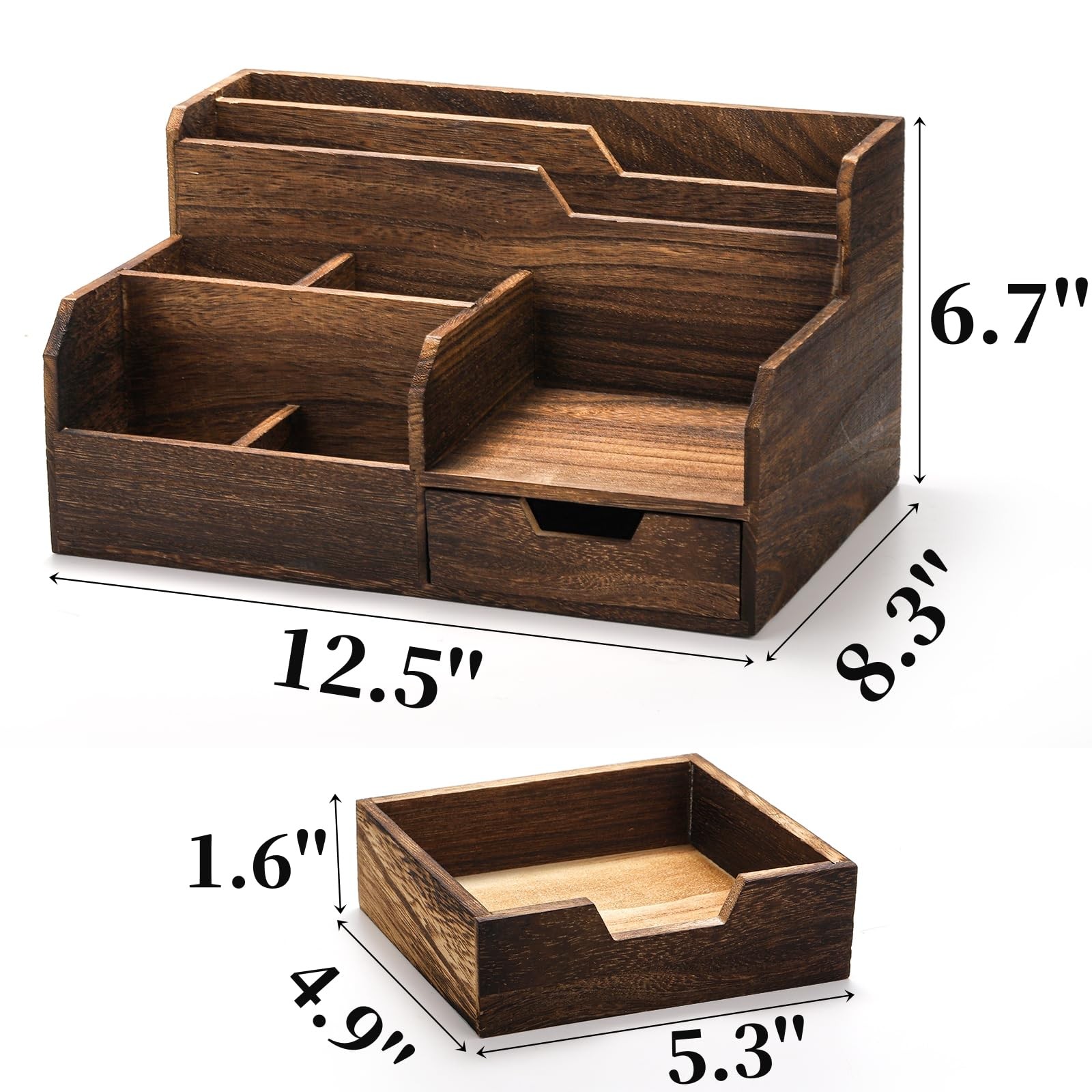 Brown Wooden Mail Organizer, Desk Organizer with 7 Compartments and Drawer, R…