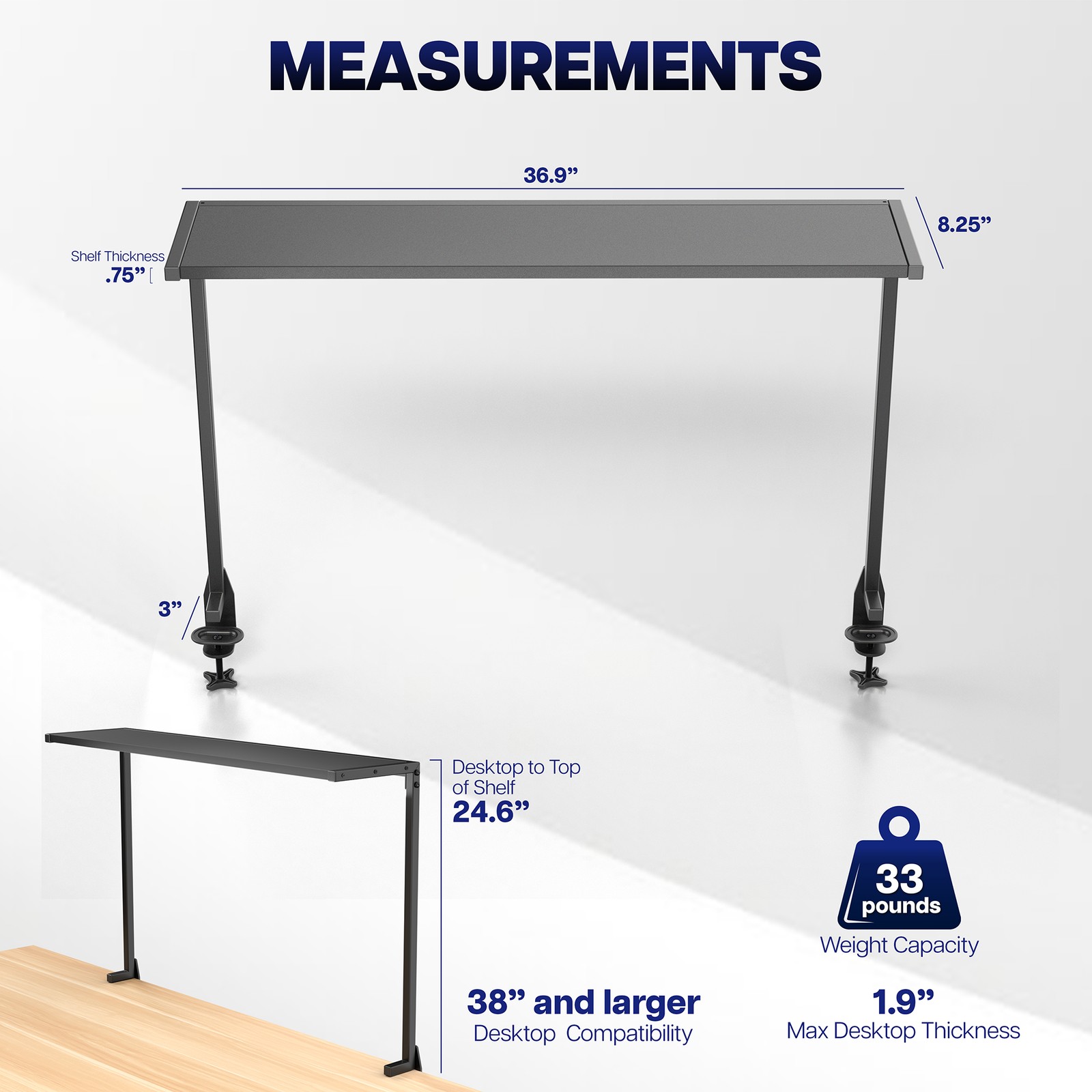 VIVO 38″ Black Clamp-on Overhead Desk Shelf Mount, Raised Desktop Organizer