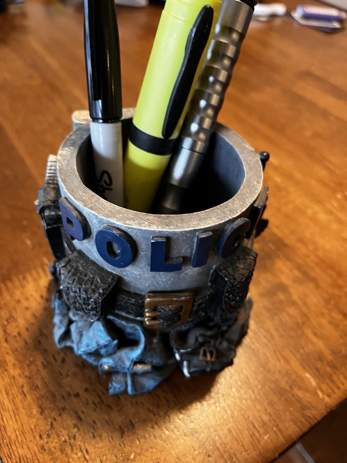 Vanmark Porcelain Police-Themed Desk Pencil Holder Organizer Cup Blue/Gray