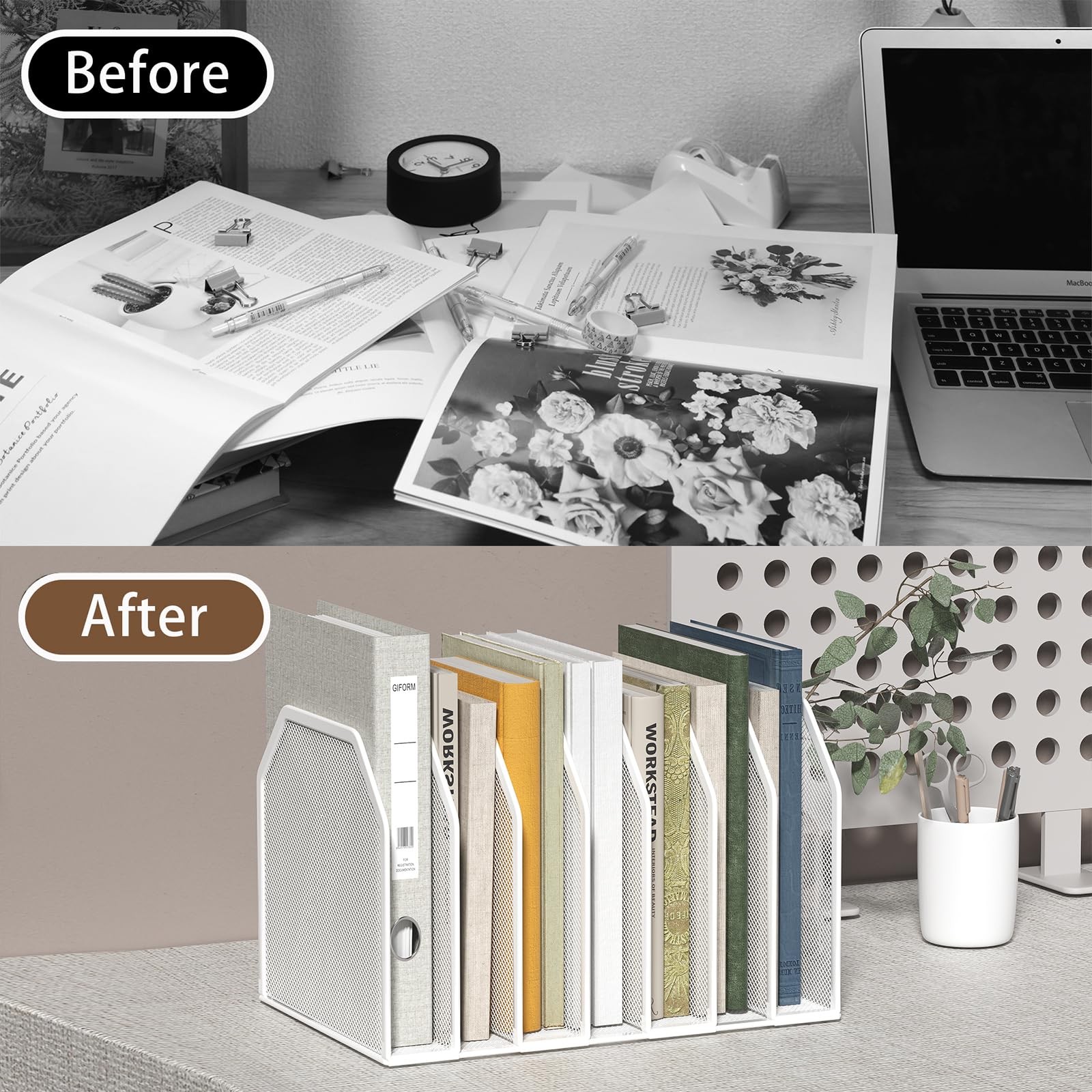 White 5Section Metal Vertical Desk File Folder Organizer Stand 8.5×9.3 Inch