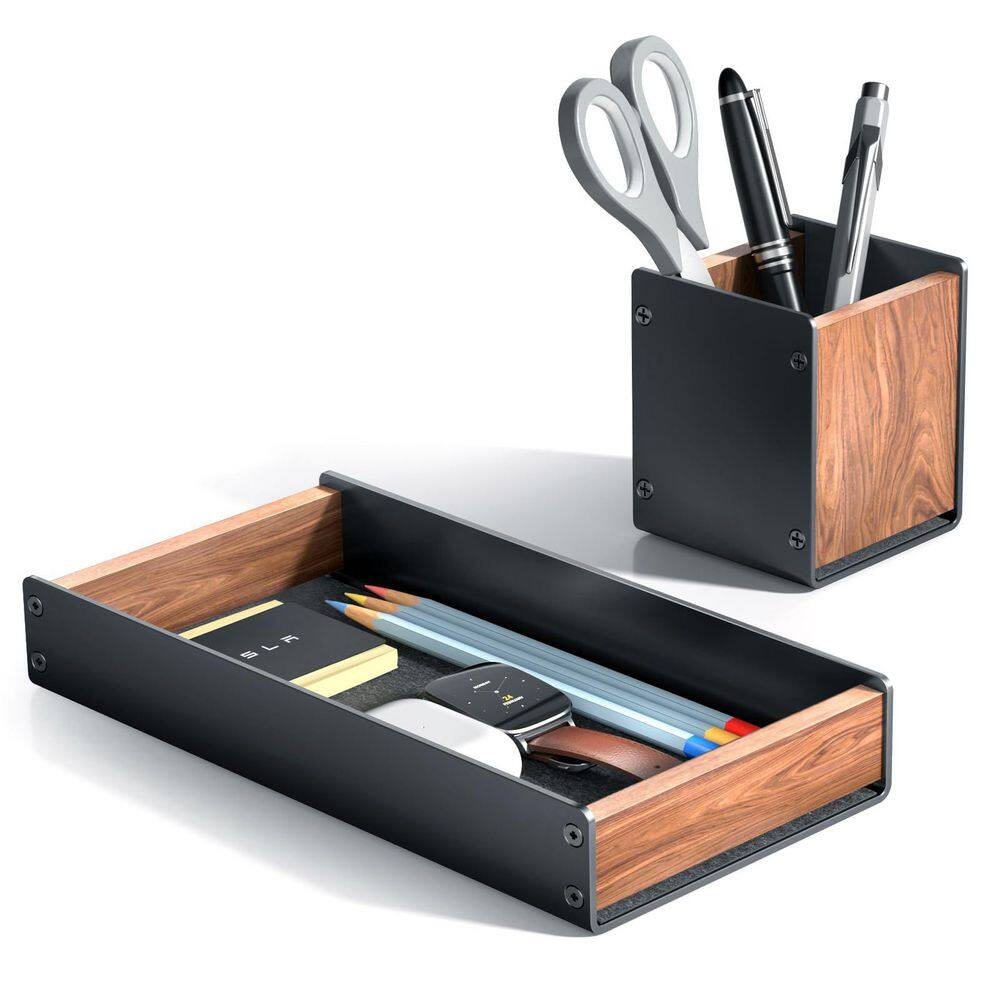 1 Set Walnut Desk Tray with Pen Holder Natural Wooden Desktop Organizer for Keys