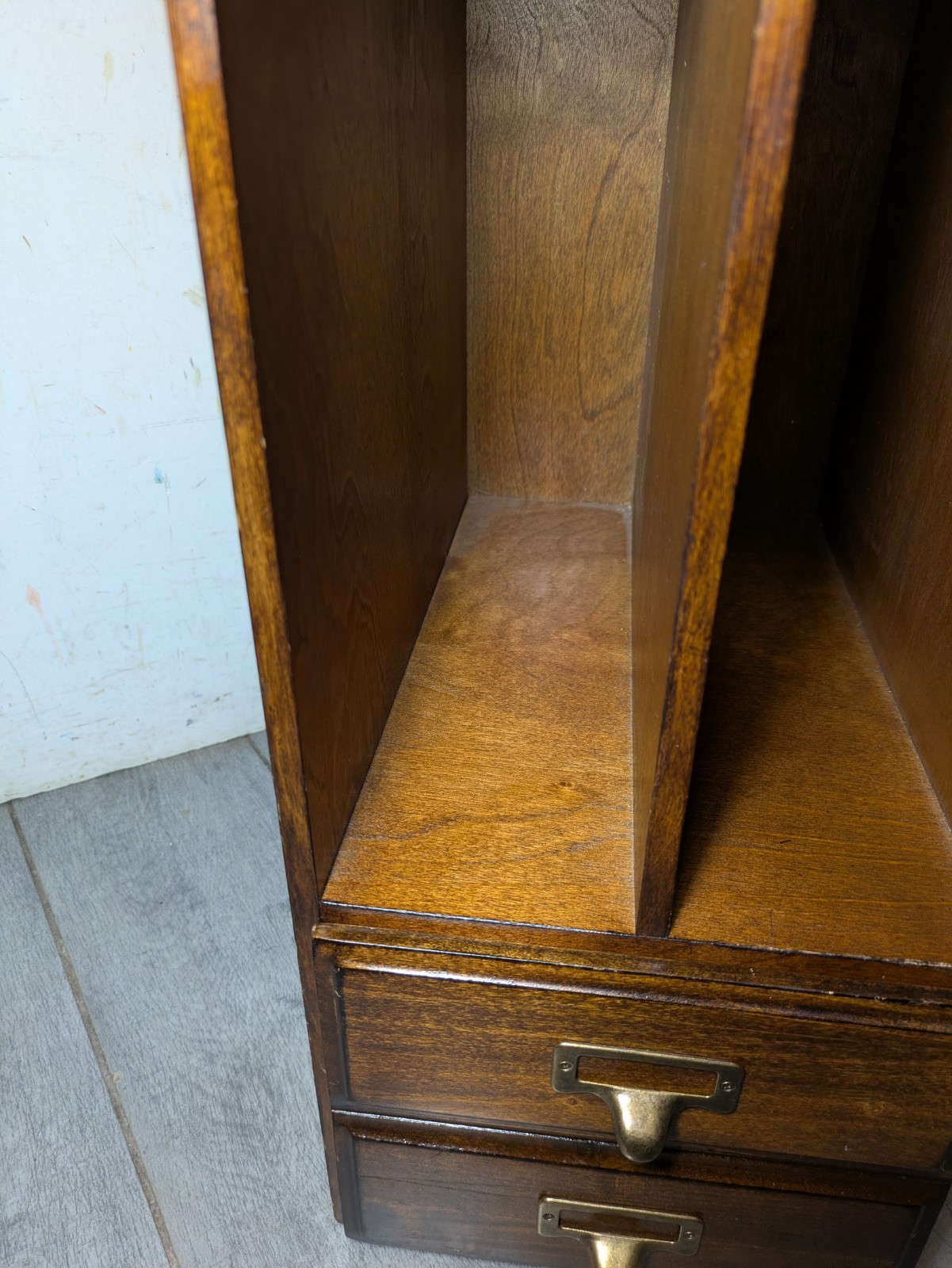 Vintage Wood Desktop Library Organizer Index Card Letter File Box Cabinet Drawer