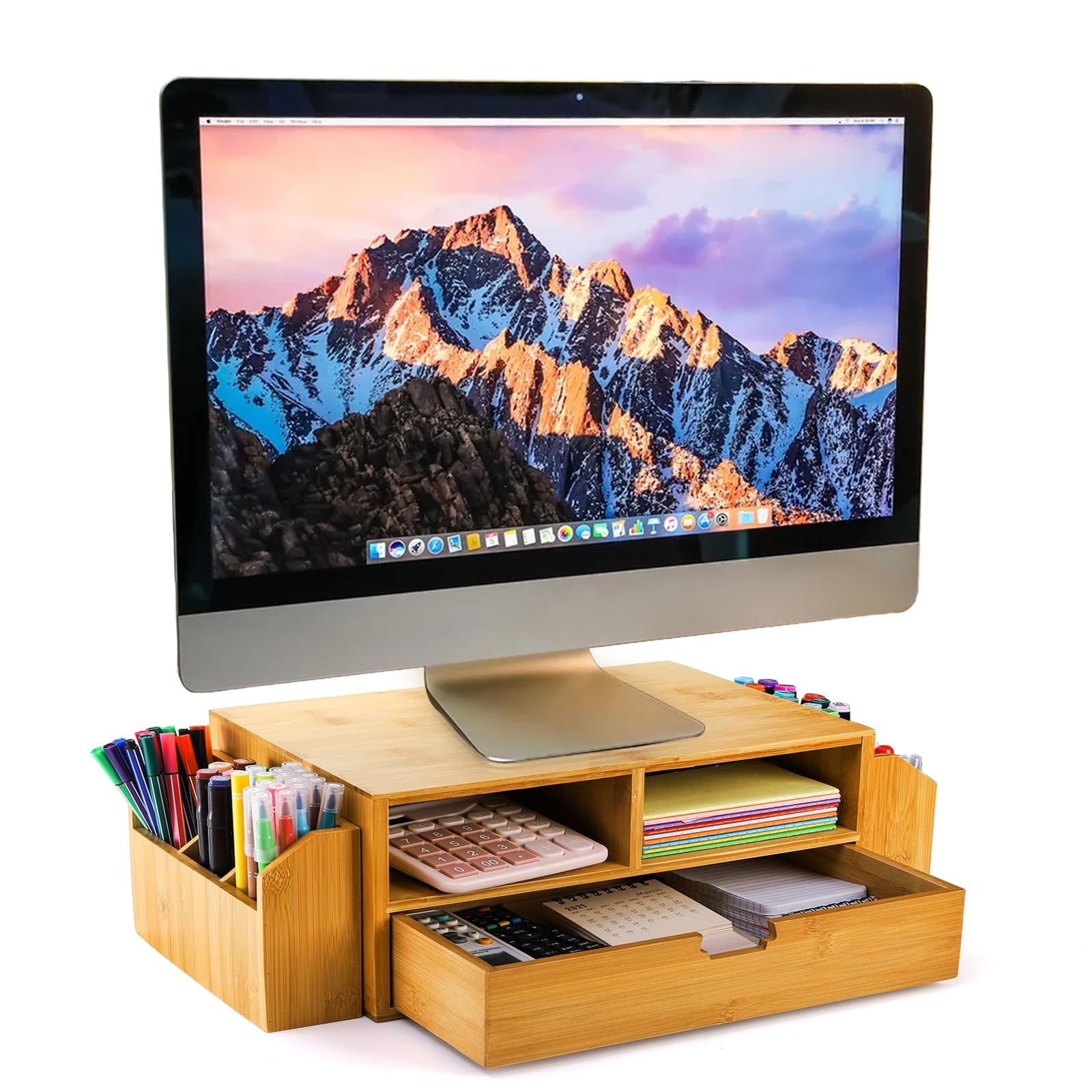 Hiceeden 2 Tier Bamboo Desktop Organizer, Desk Monitor Stand Riser