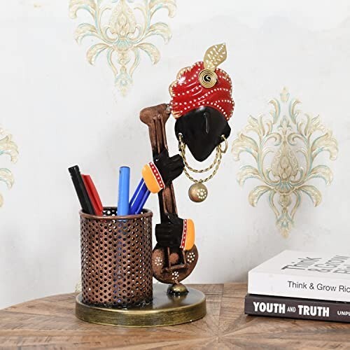 Multicolor Krishna Metal Pen Stand Holder Office Table Stylish Showpiece