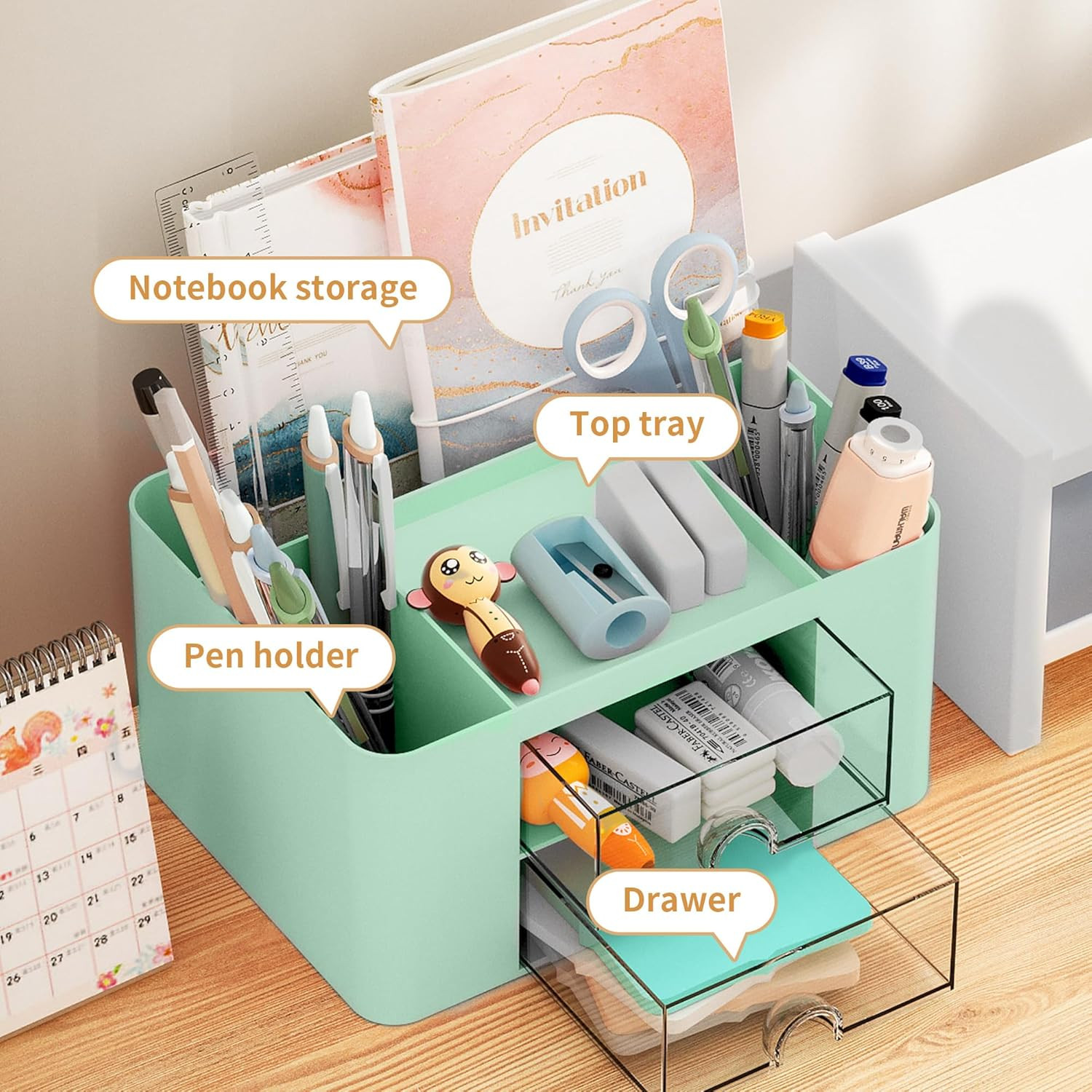 Pen Organizer with 2 Drawer, Multi-Functional Pencil Holder for Desk, Desk Organ