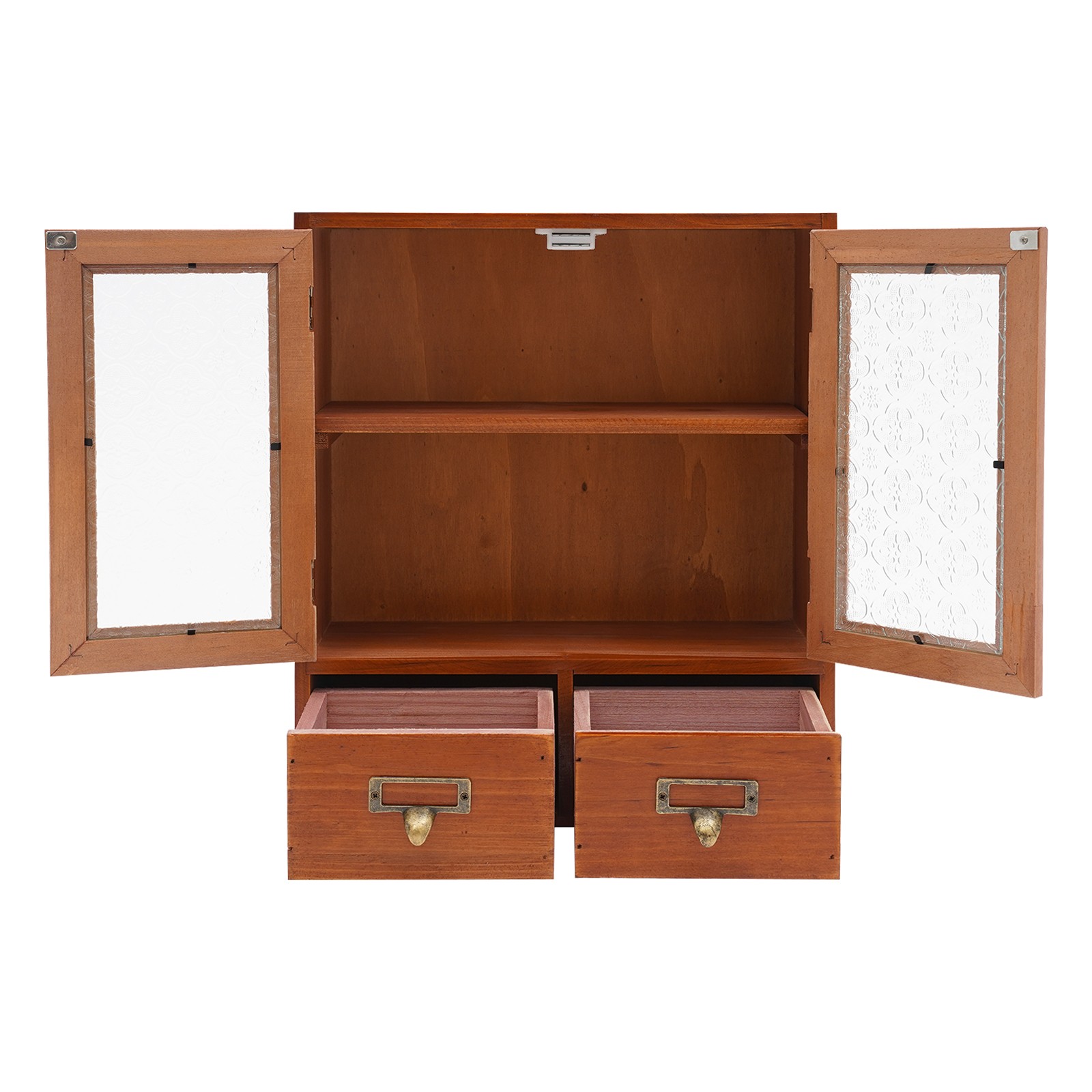 Vintage Tabletop Organizer with 2 Drawers & Glass Door Storage Cabinet Brown