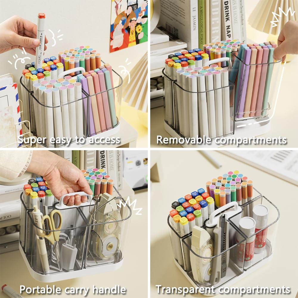 Hggzeg Pen Holder with Handle and Base, Stackable Transparent Desk White